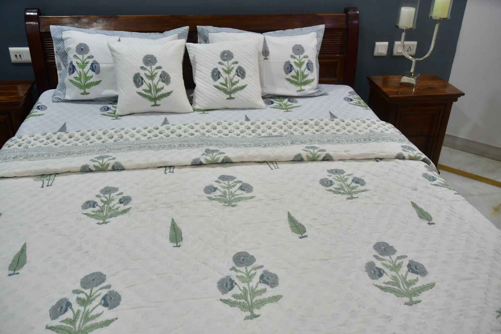 Blue Grey Poppy Handblock Cotton Bedding Set