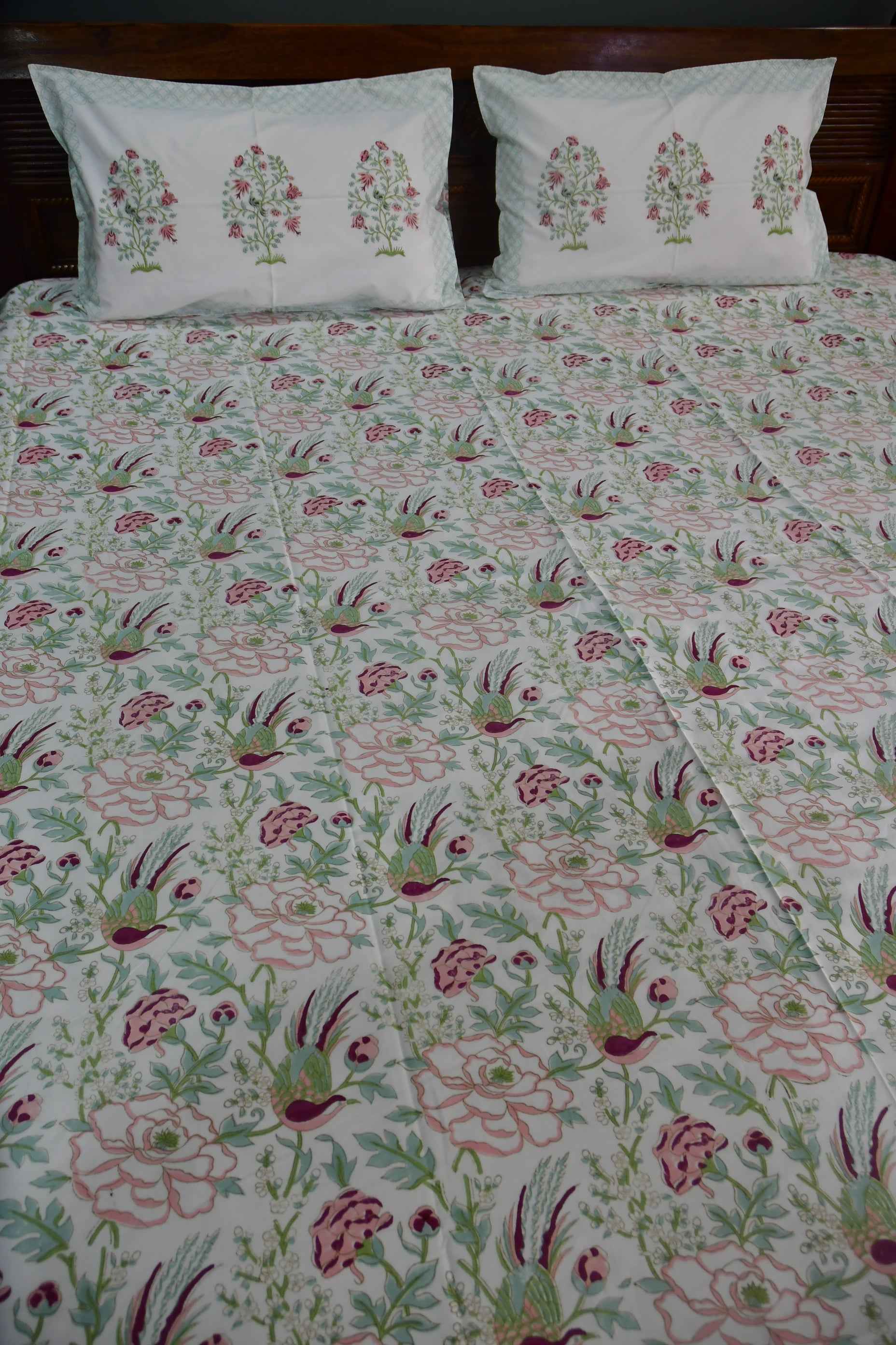 Floral and Bird Bedsheet : Handblock, Jaipuri