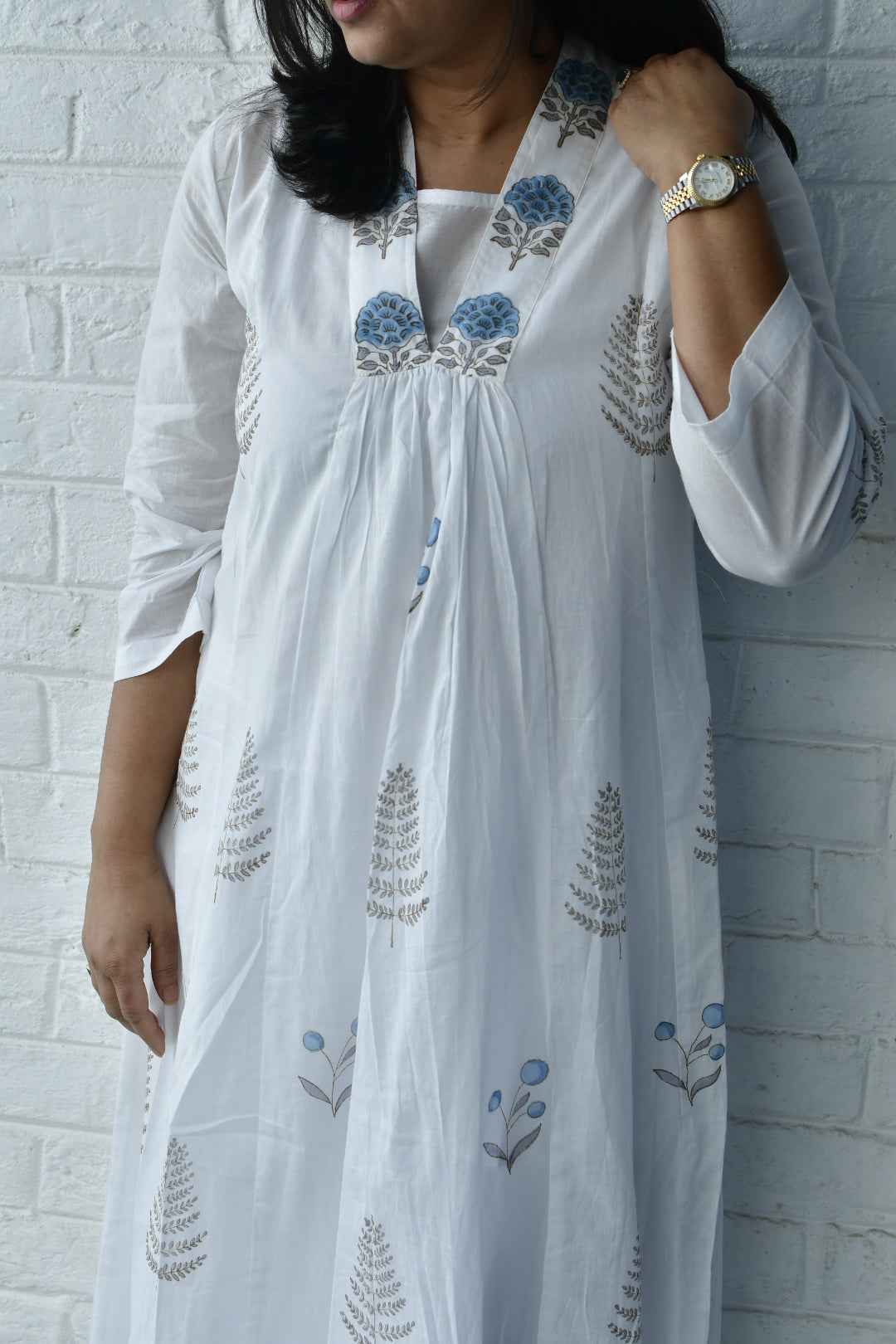 Blue and White Handblock Kurta Dress