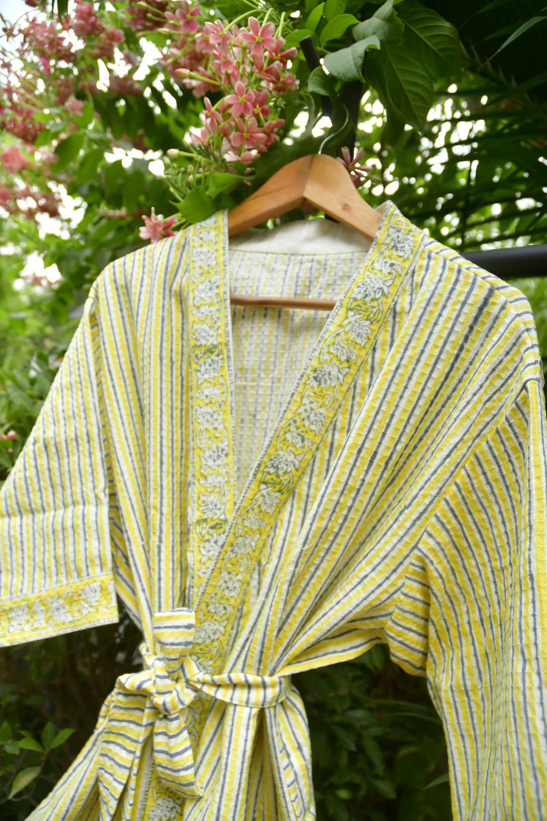 Lemon Yellow Stripe Waffle Cotton Bathrobe