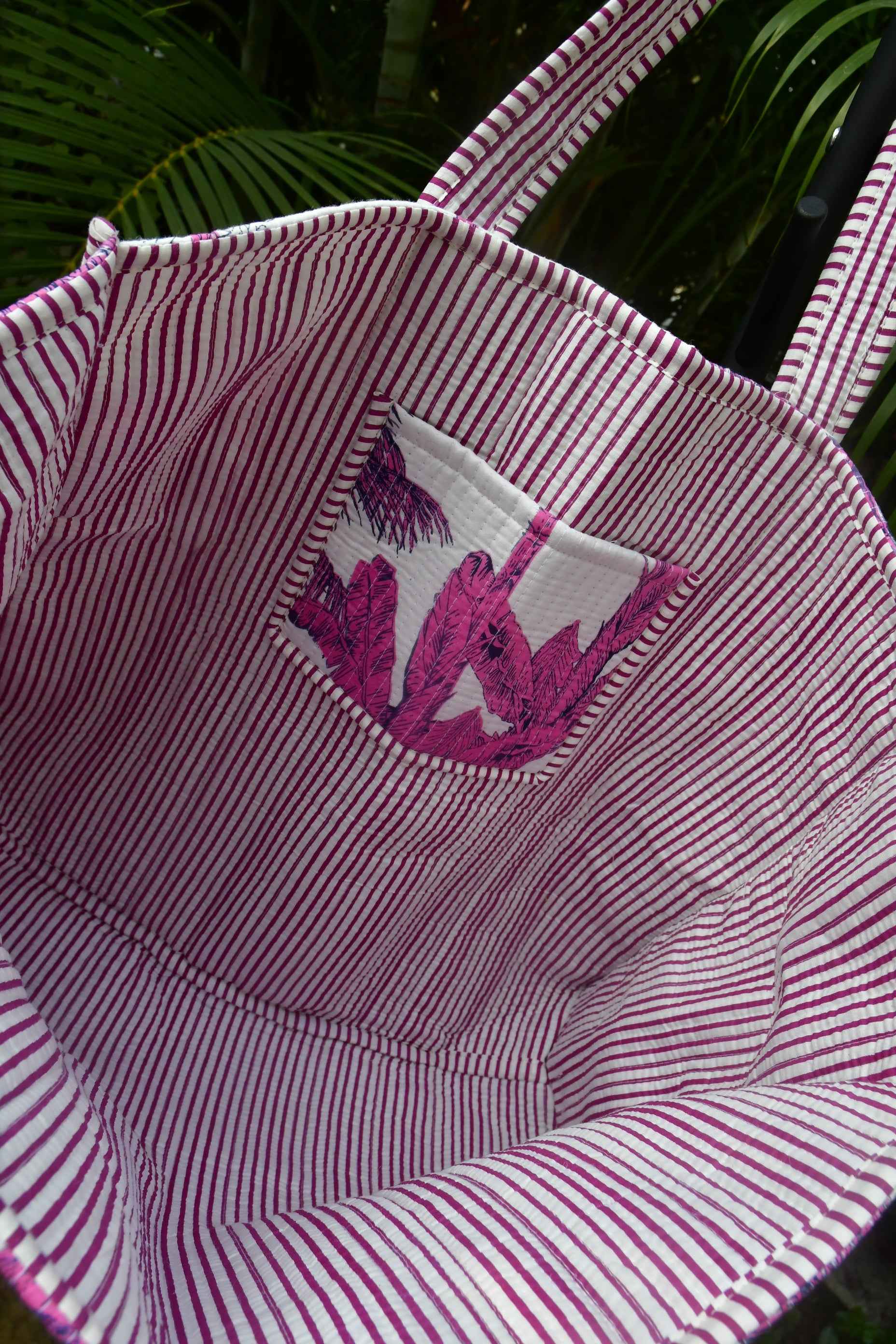 Hand-Printed Pink & White Palm Tote Bag