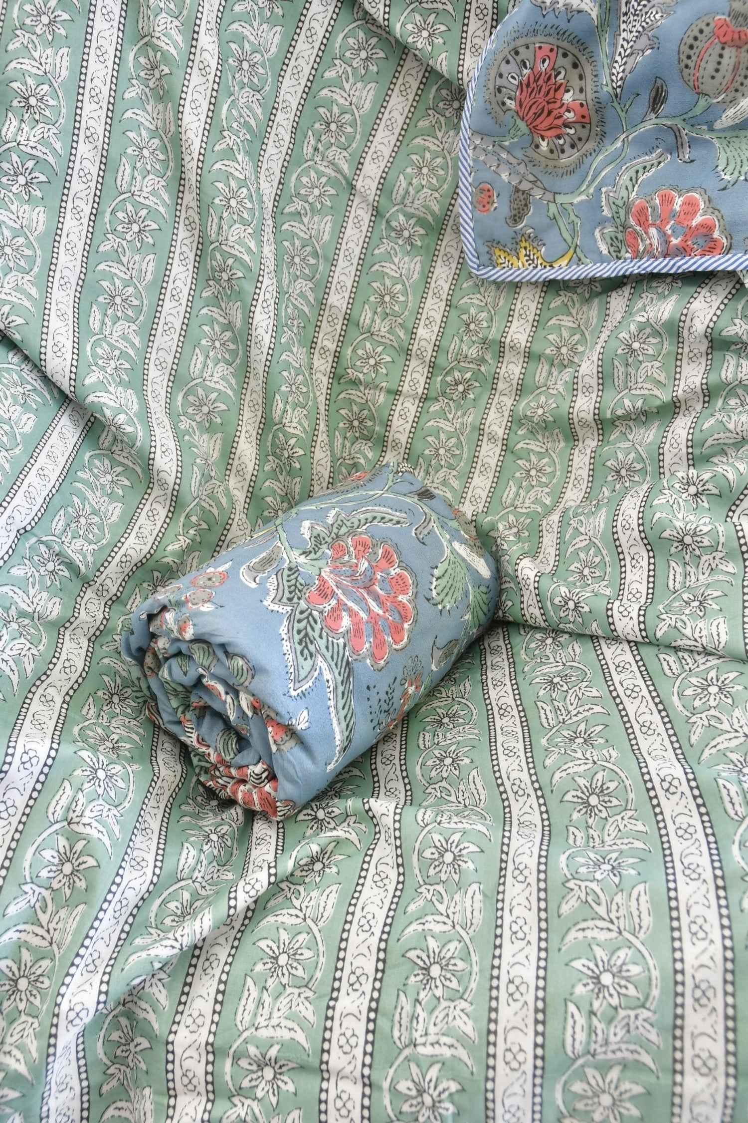 Teal Blue Floral Print Dohar ( set of 2) : Light Comfort