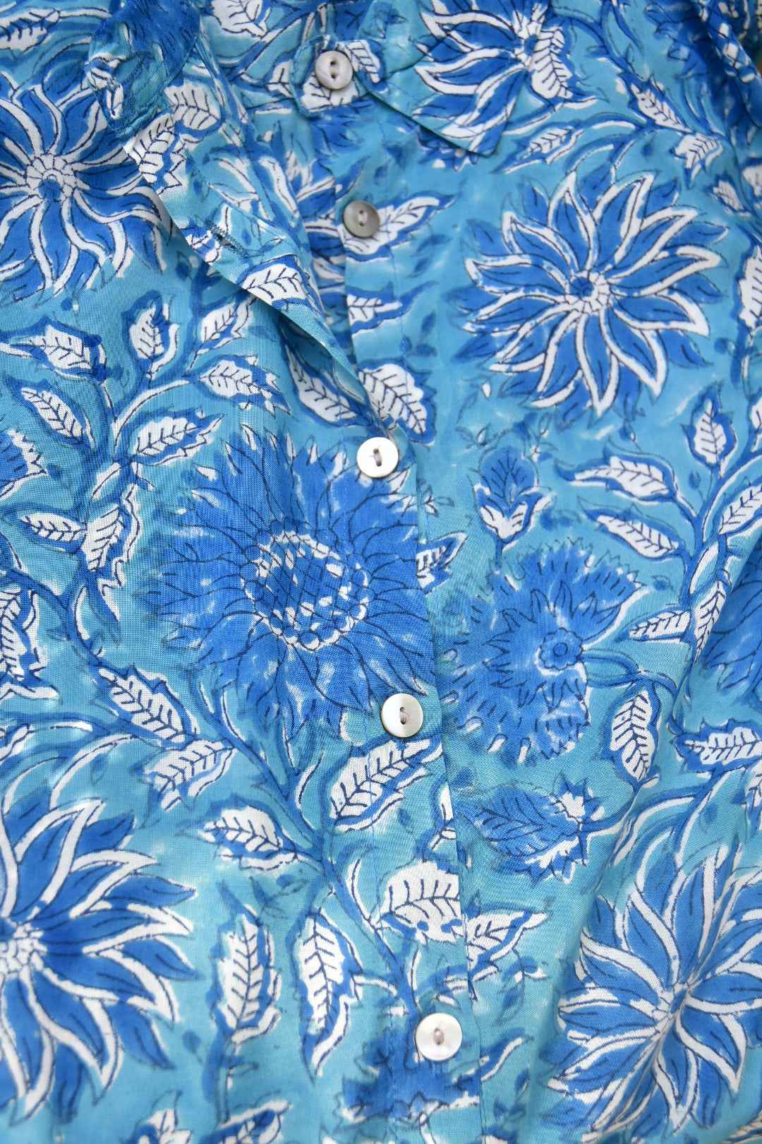 Long Sleeve Handblock Casual Shirt - Blue and White Floral Modal Cotton Printed Women’s Shirt