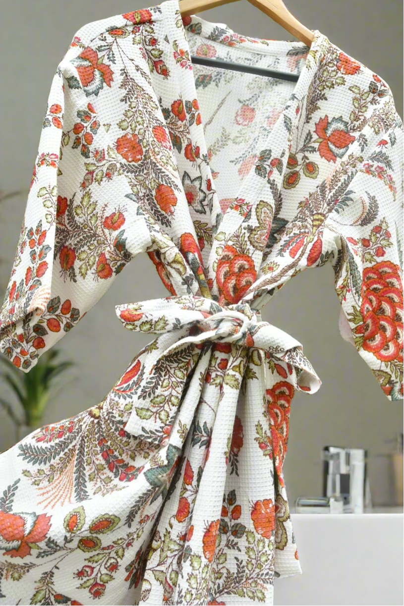 Bright red and white floral premium bathrobe