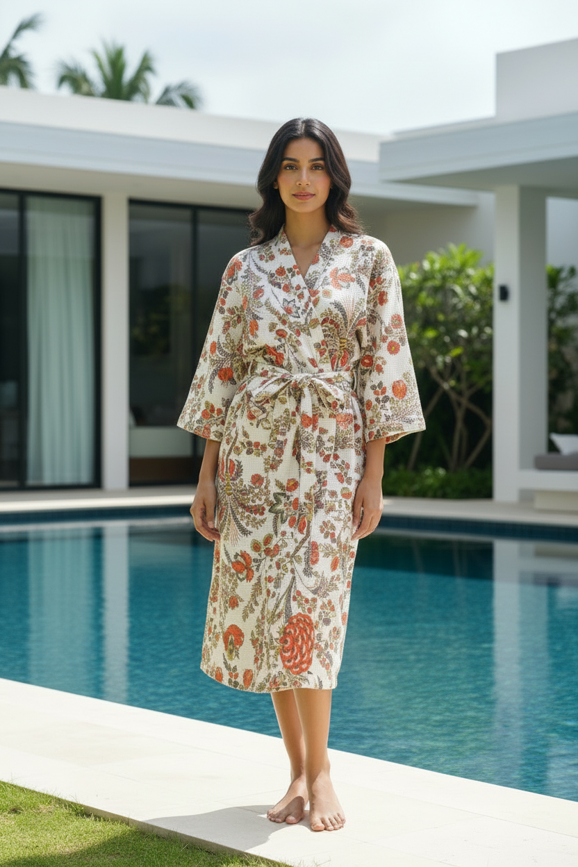 Bright Red and White Floral Waffle Bathrobe