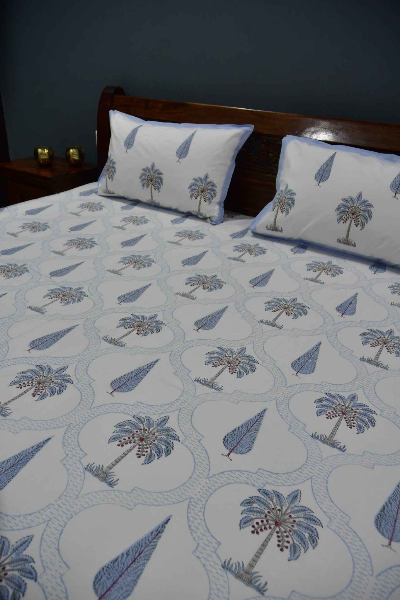 Blue Palm Hand Block Cotton Bedsheet
