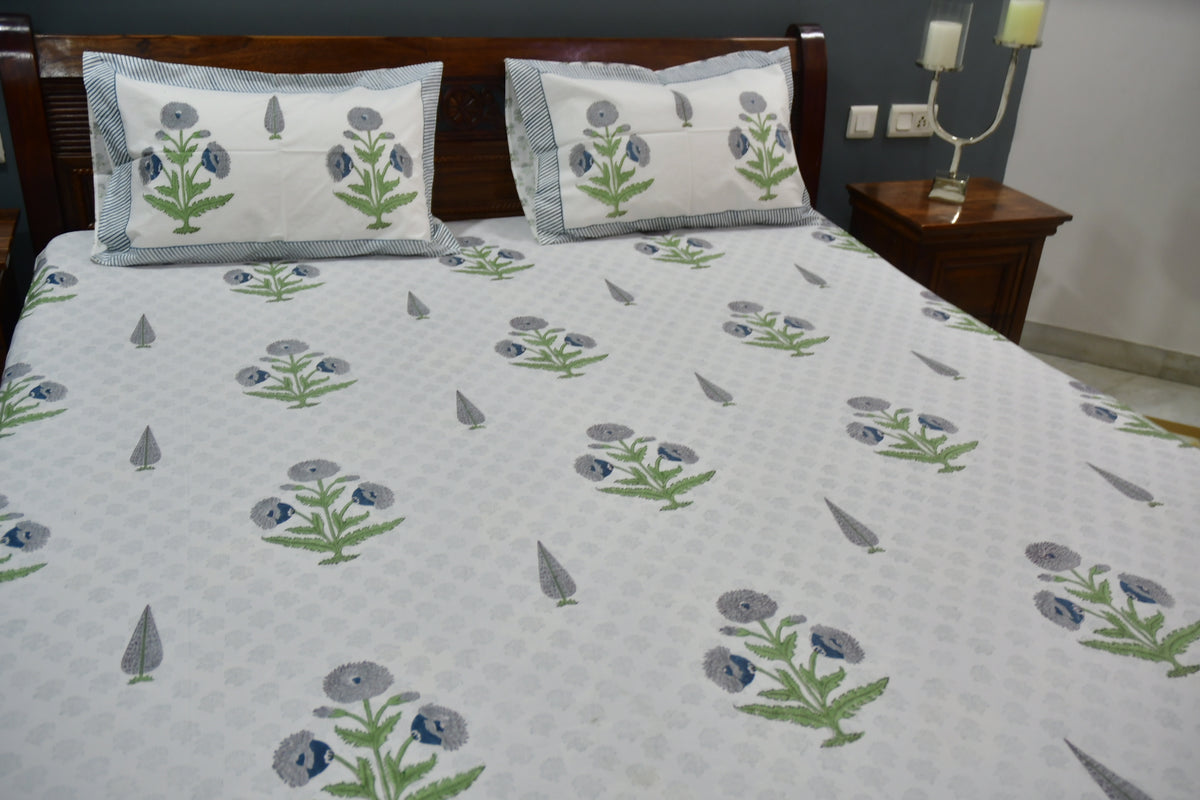 Blue grey Handblock Poppy bedheet