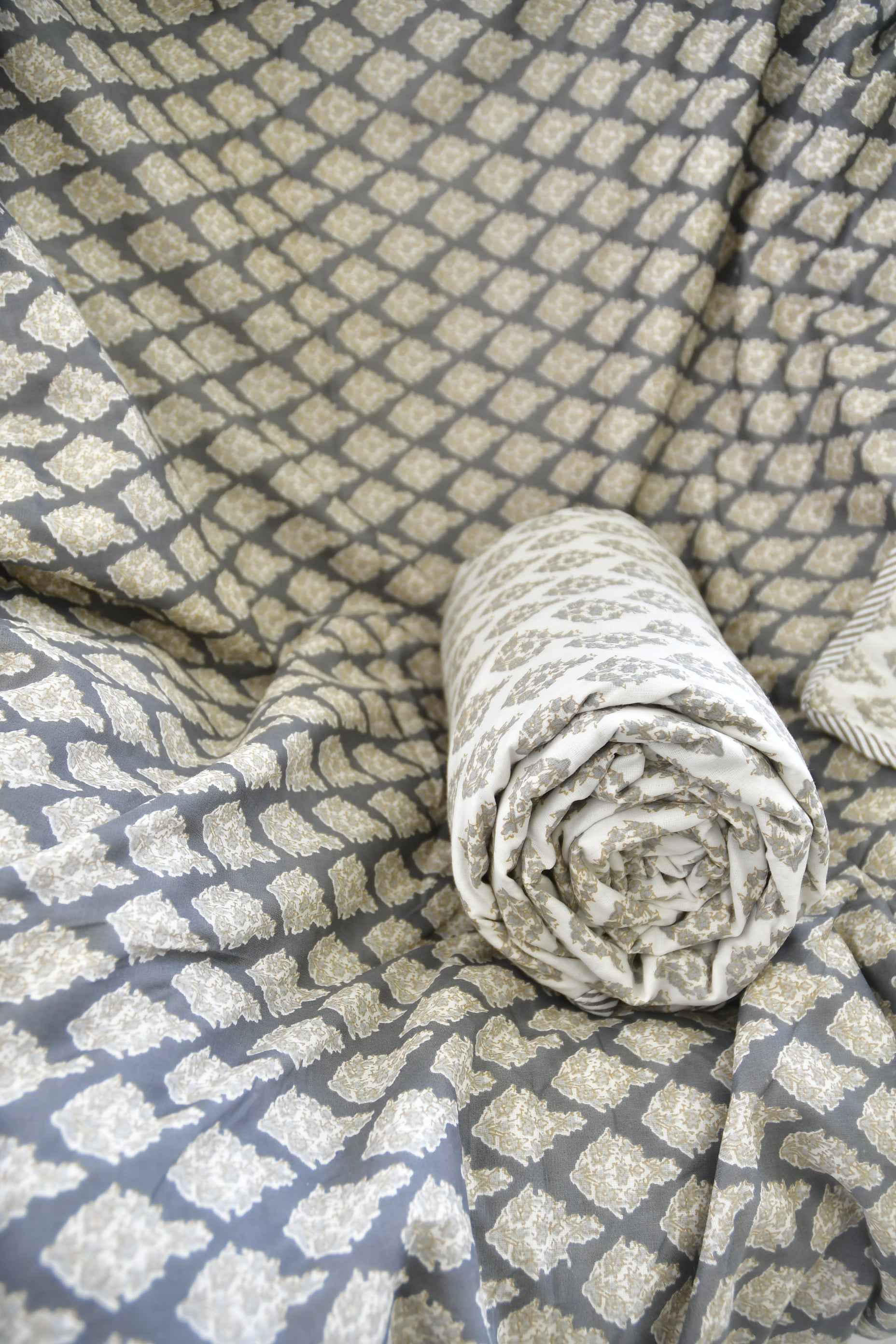 Grey Bagru Print Reversible Cotton Dohar