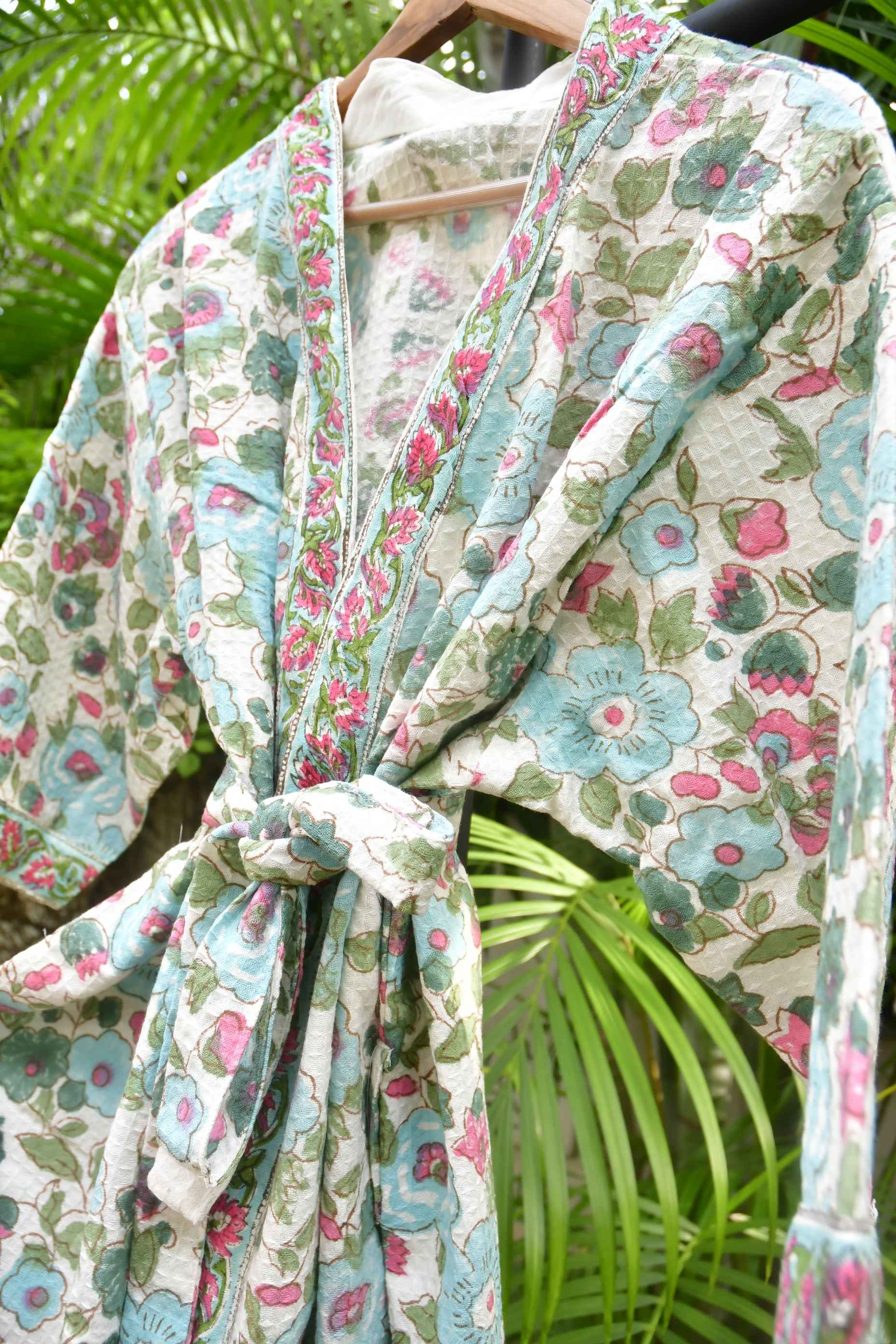 Floral Joy HandBlock Waffle cotton Bathrobe