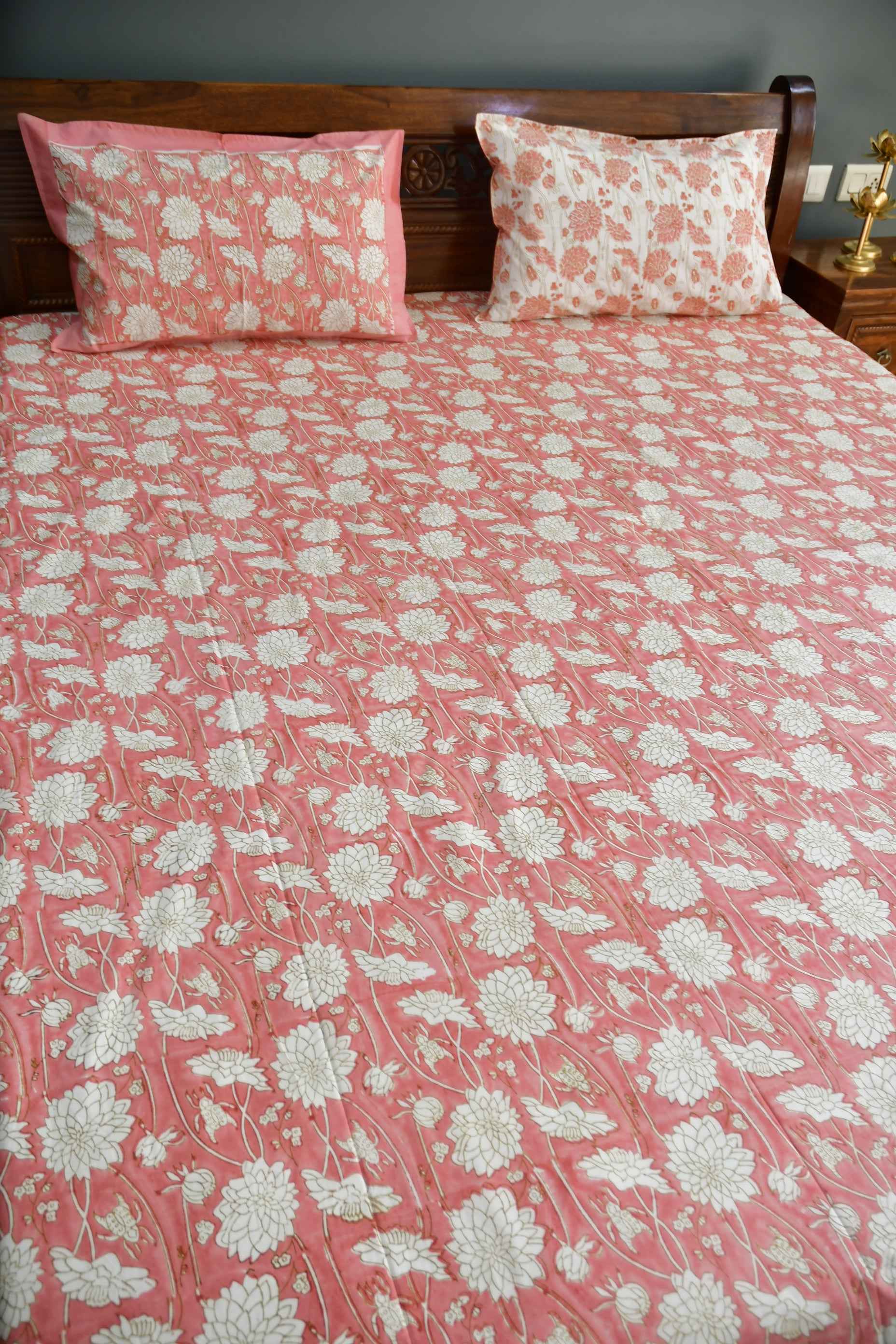 Pink floral Bedsheet : Jaipur Hand Block Bedsheet