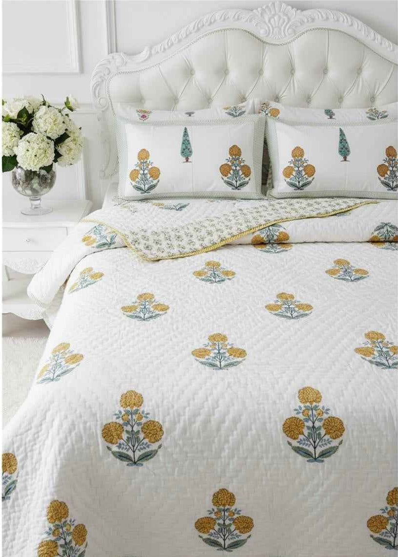 Cotton Quilt Hand Block Bedding Set – Yellow Marigold