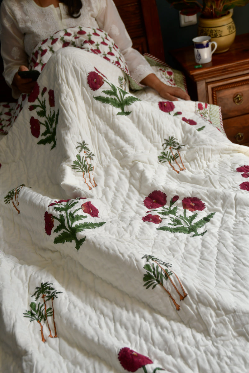 Red Poppy Quilt Hand Block cotton premium
