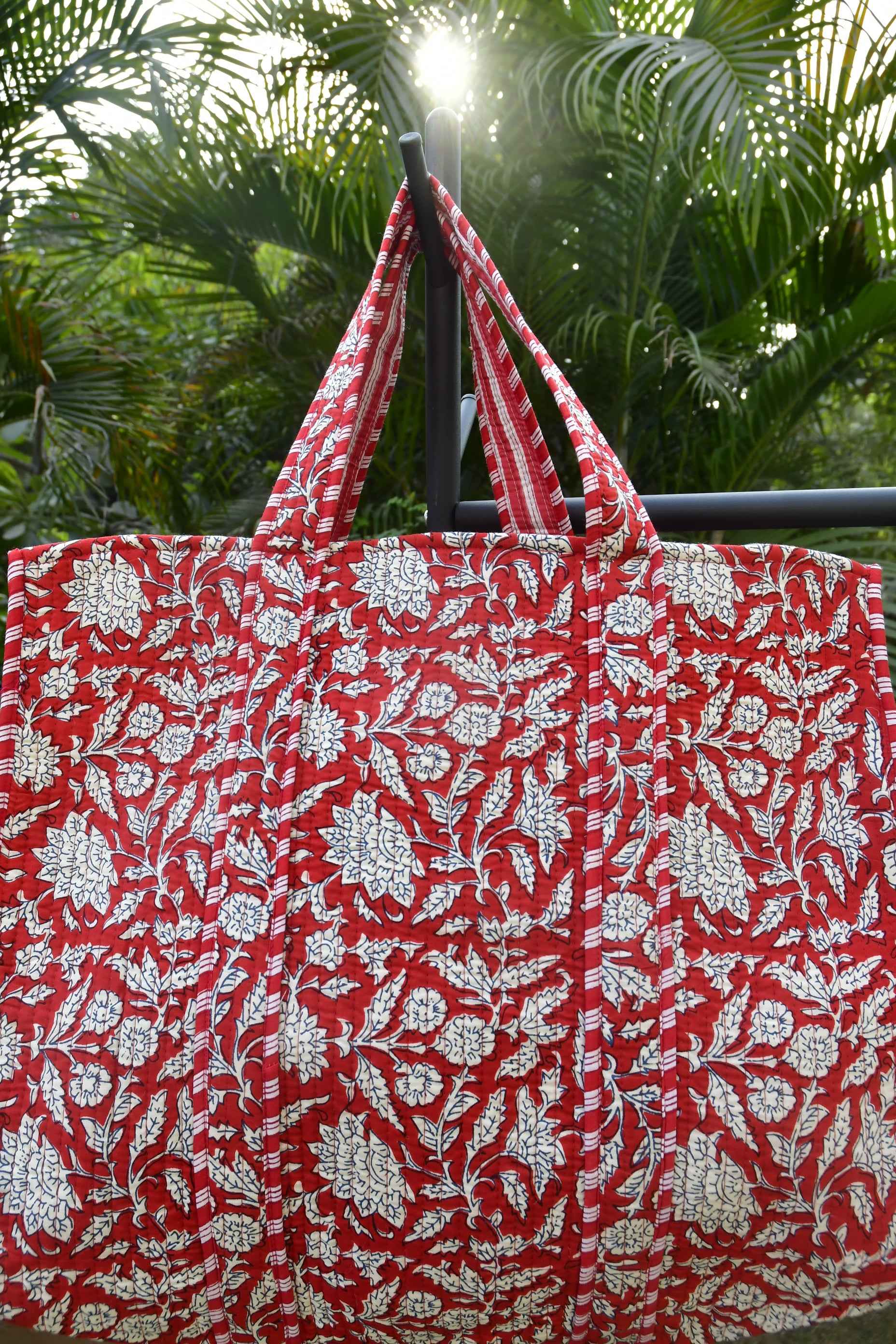 Happy Red Floral Hand-Blocked Tote Bag