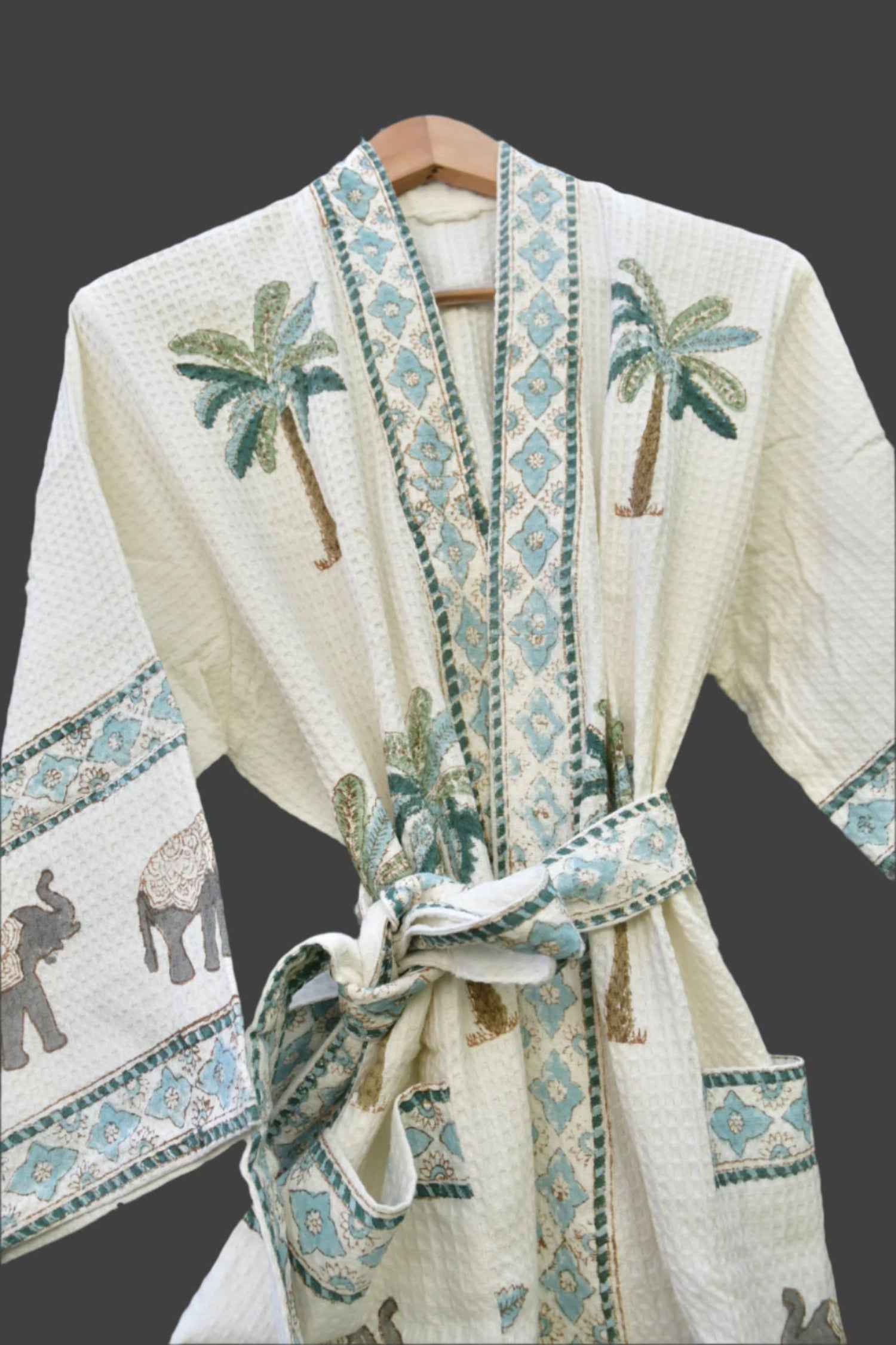 Green Palm and Elephant Handblock Bathrobe