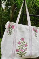 Pink Buta Zipper Tote Bag: Hand-Blocked Beauty