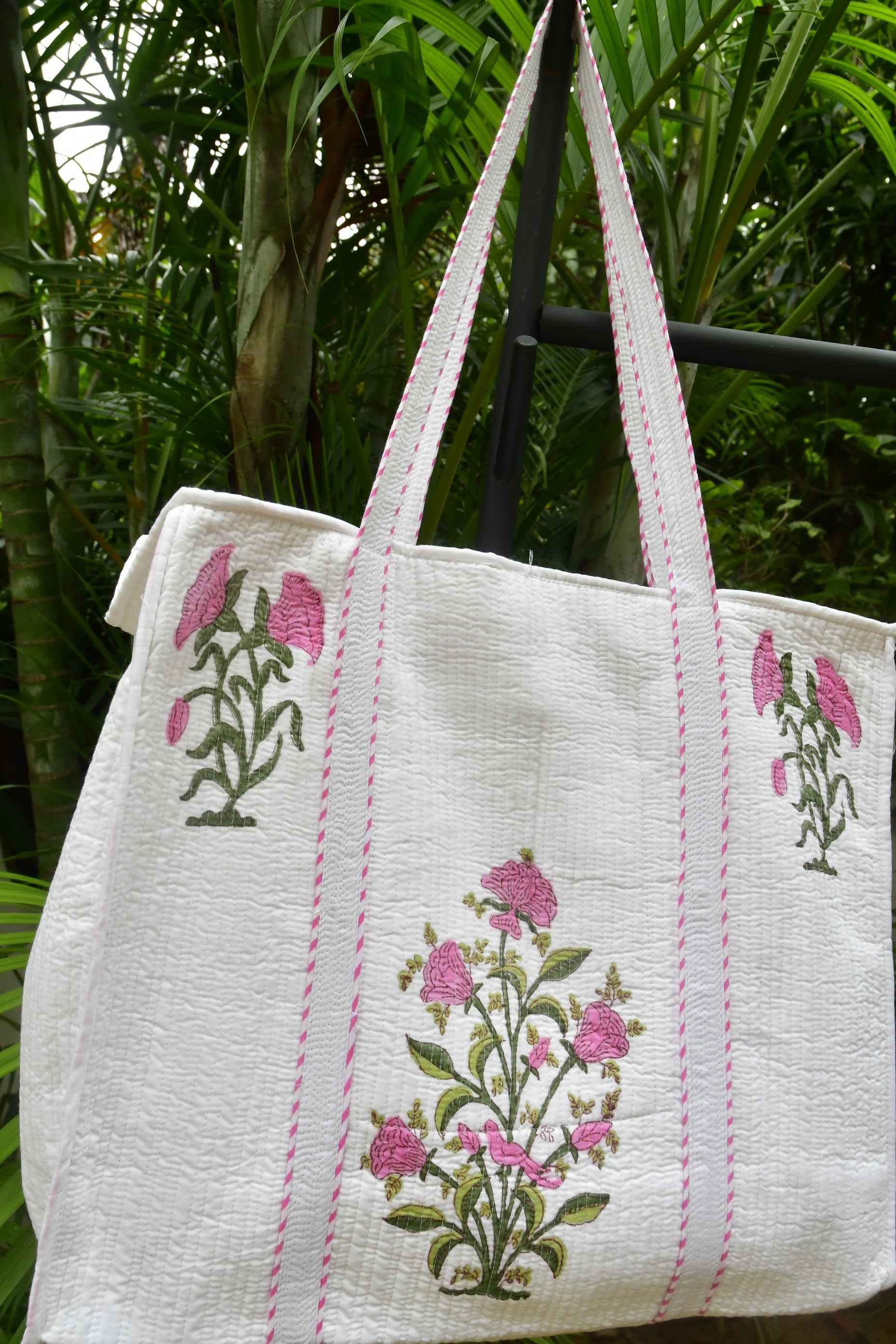 Pink Buta Zipper Tote Bag: Hand-Blocked Beauty