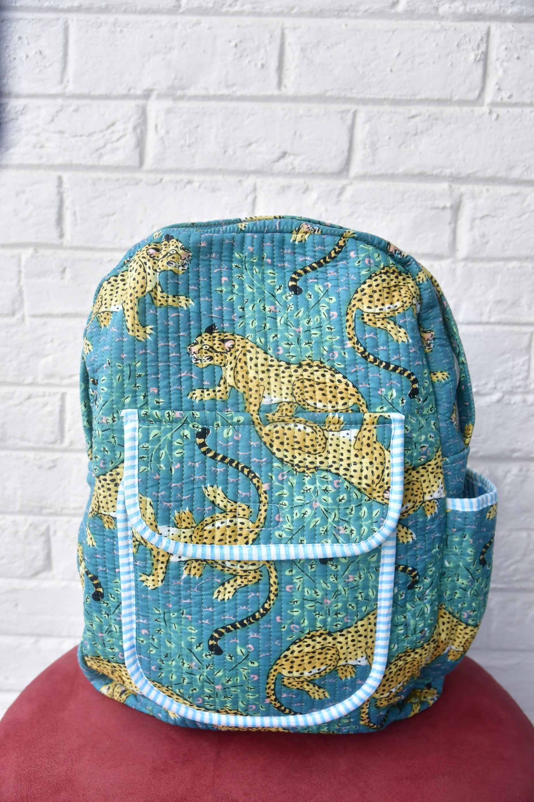 Leopard Print Blue Handblock Cotton Backpack