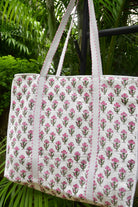 Pink Buta Zipper Tote Bag: Hand-Blocked Beauty