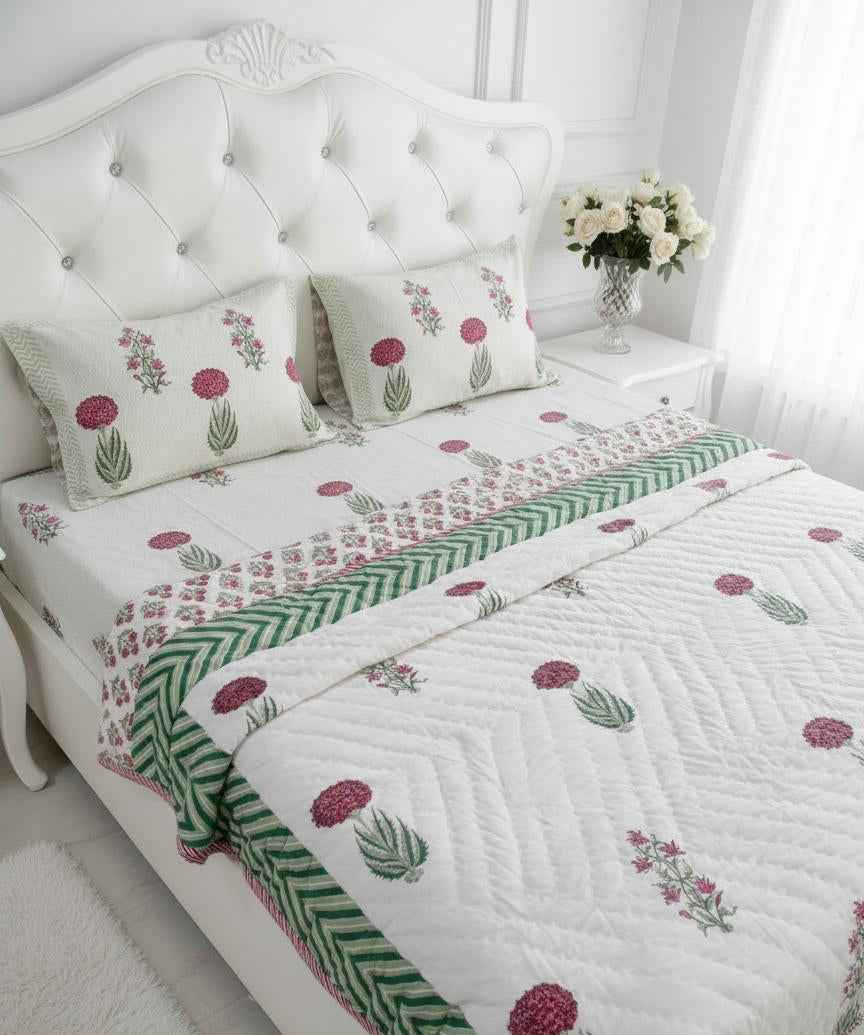 Cotton Quilt Hand Block Bedding Set – Serene Green & Pink