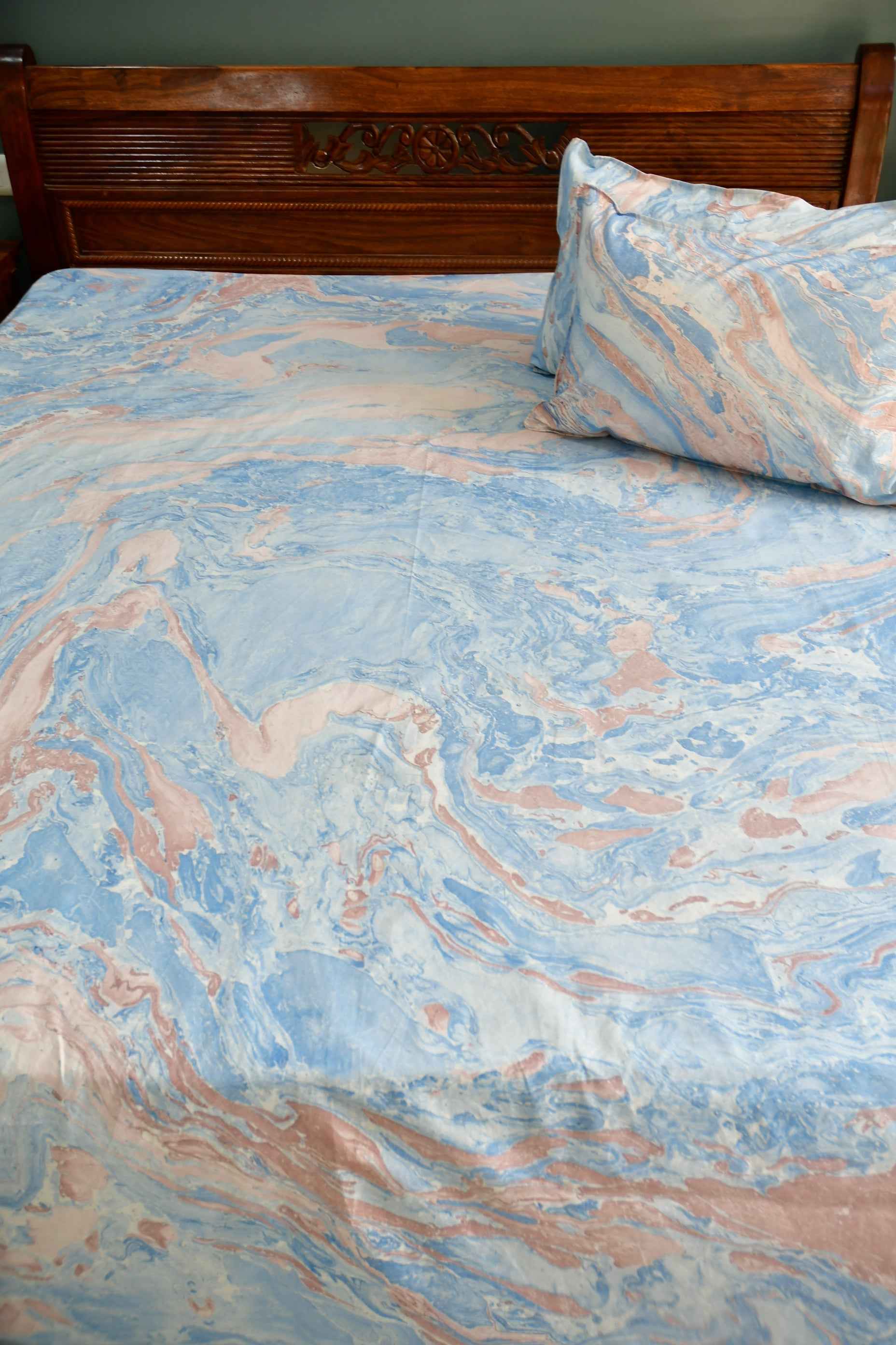 Pink Blue Marble Bedsheet:  Hand Block Print