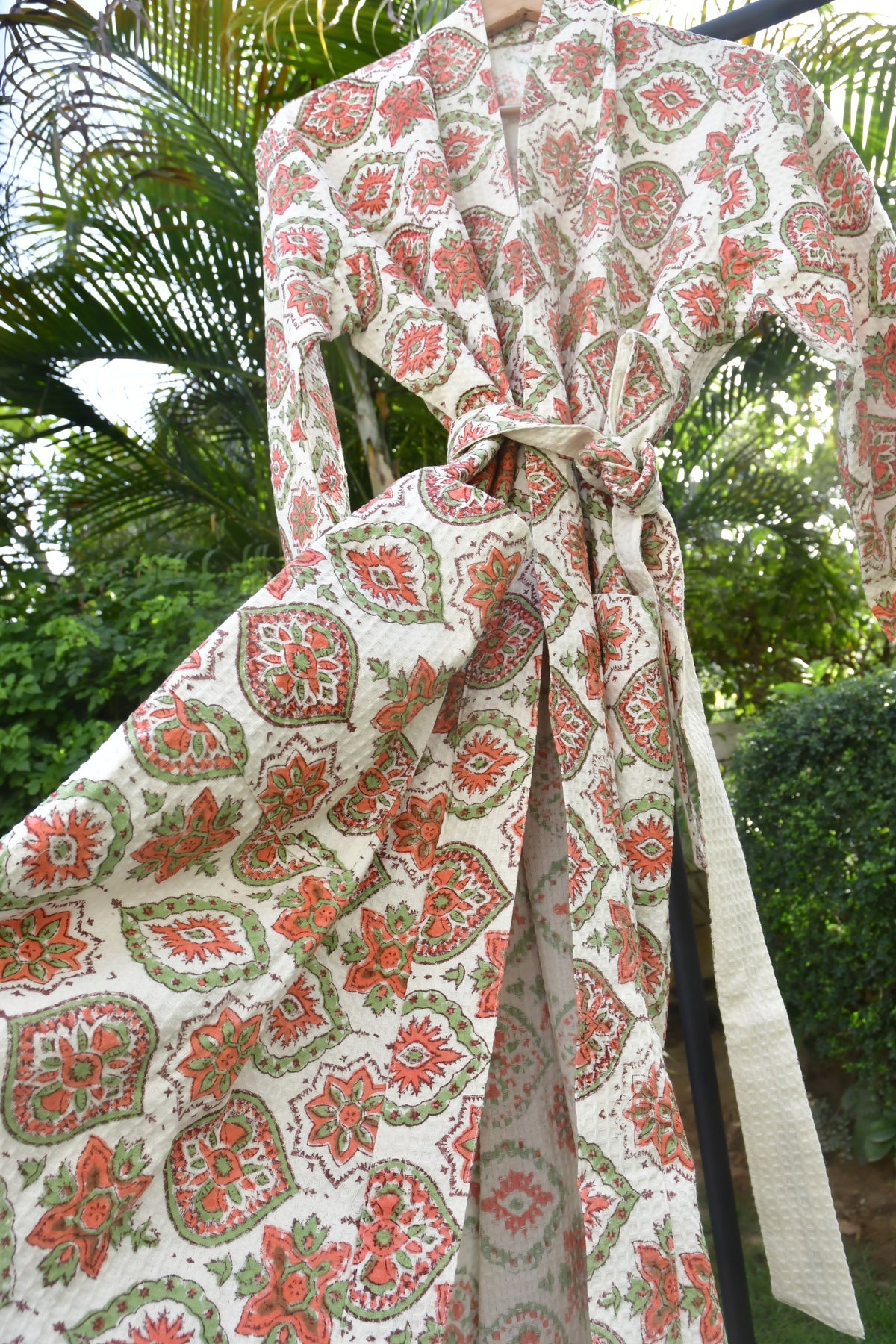 Floral cotton bathrobe hand block