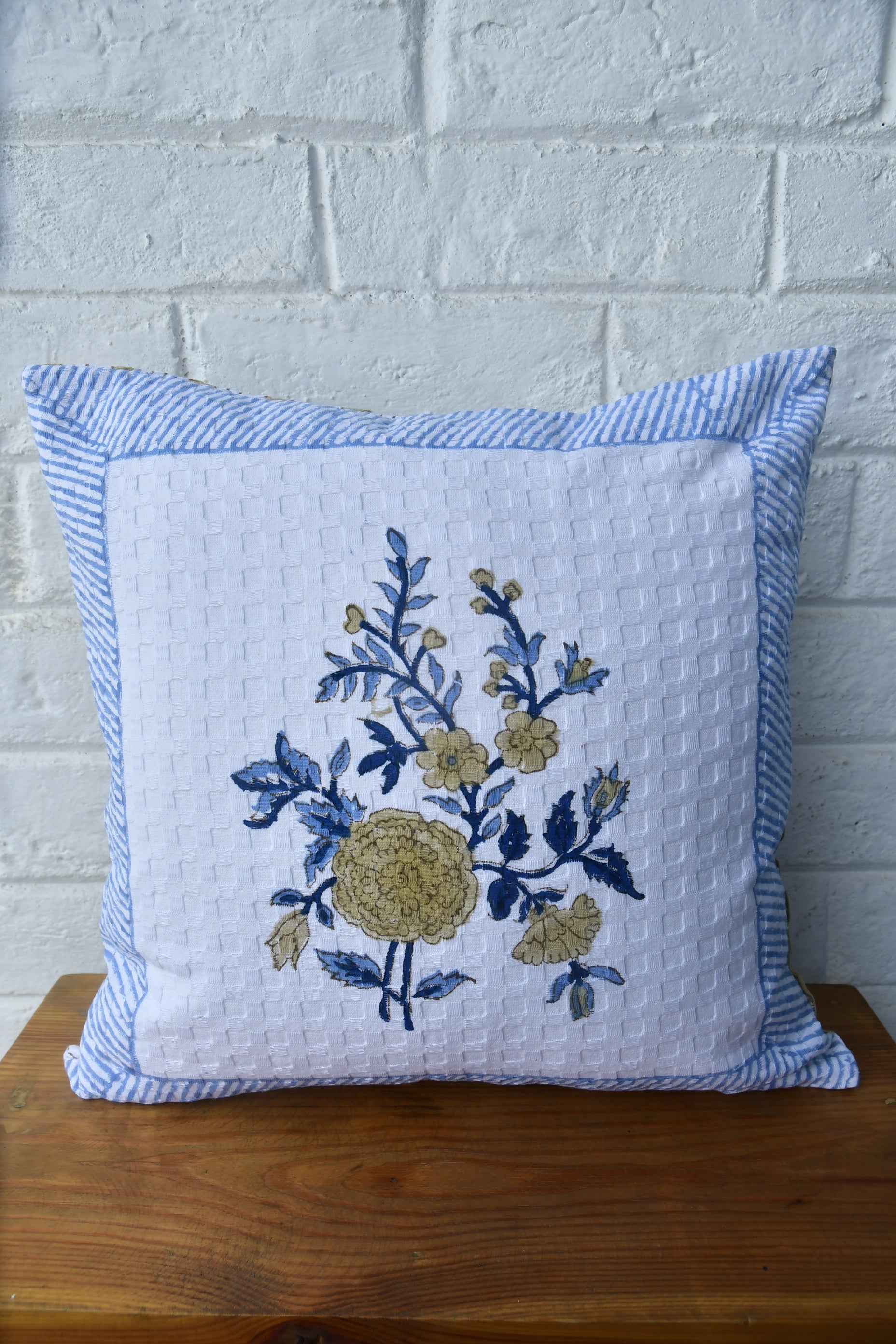 Royal blue with marigold waffle cotton cushion cover