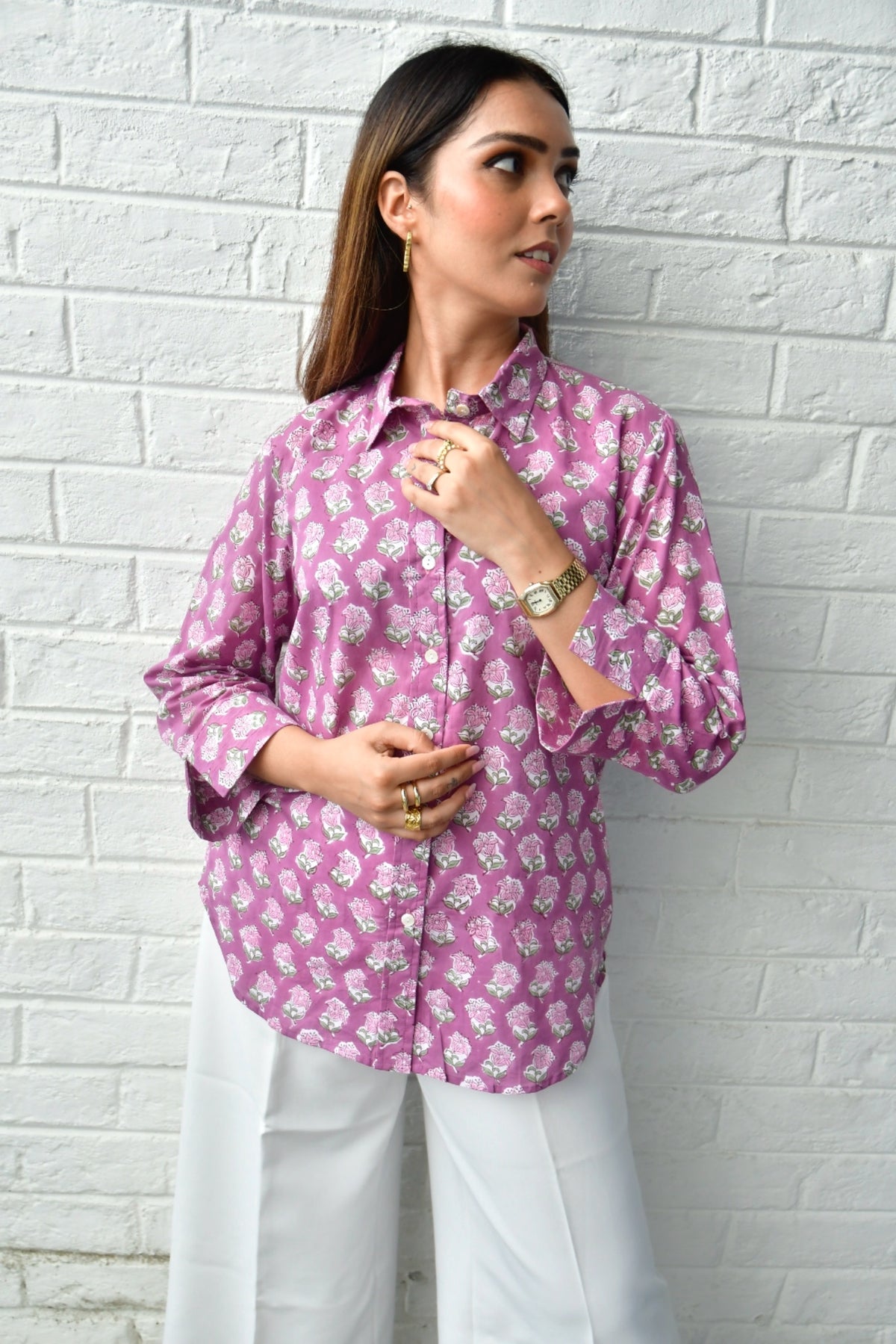 Light mauve cotton floral shirt