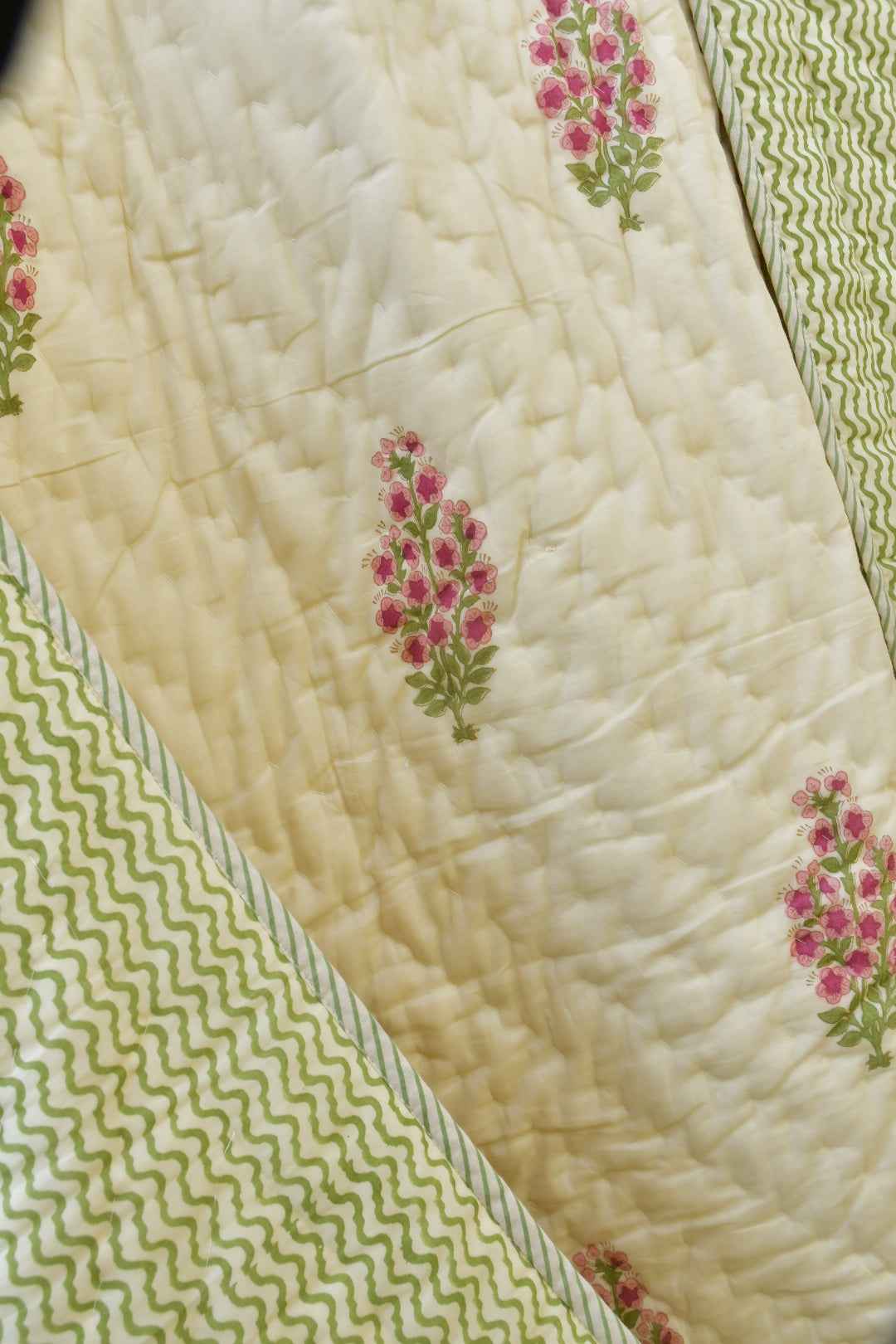 Butter Cream and Pink Buta Handblock Cotton Quilt