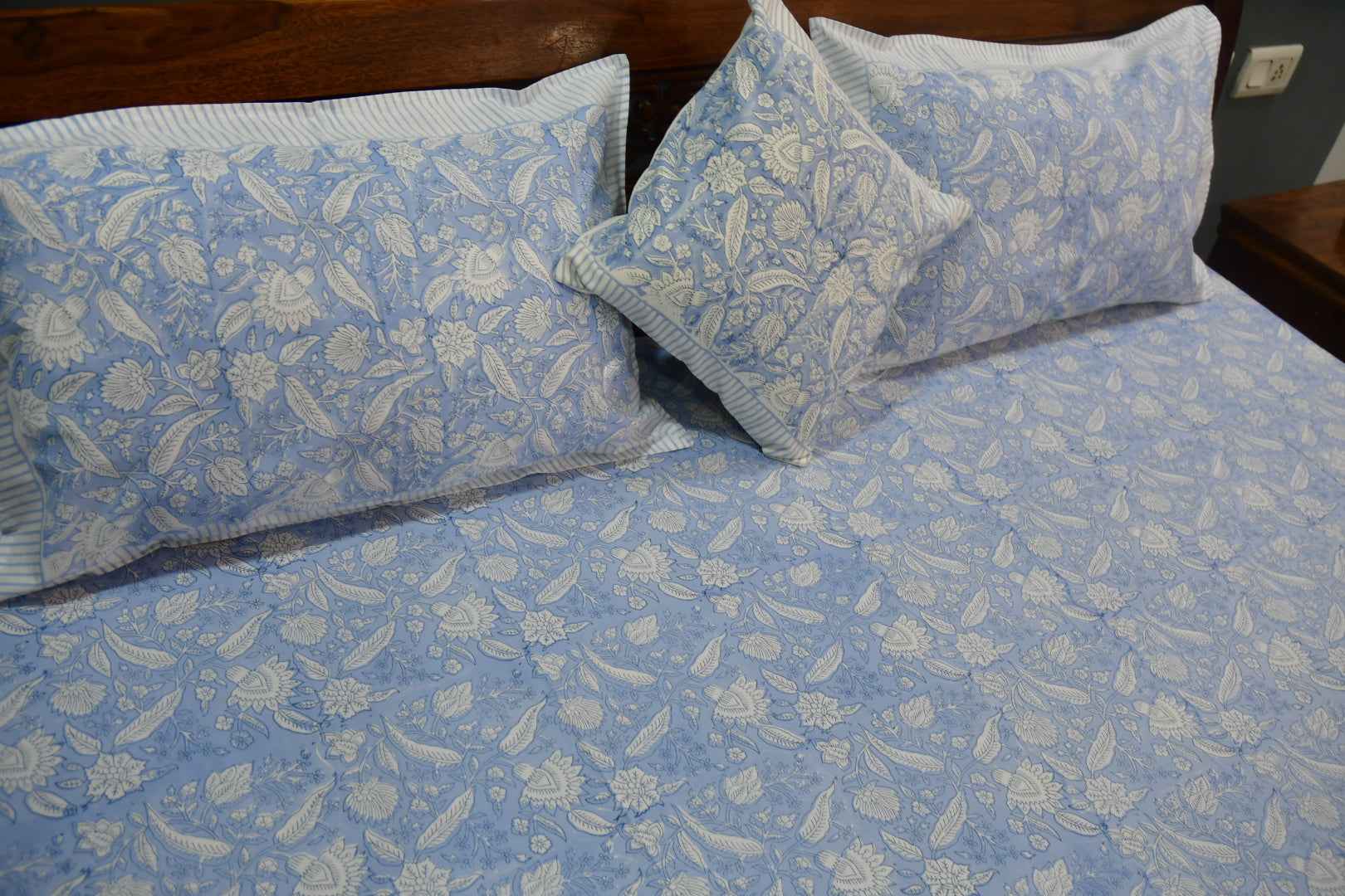 Blue and White Floral Handblock Cotton Handblock Bedsheet