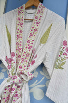Pink floral and Green Cypress Leaf Bathrobe