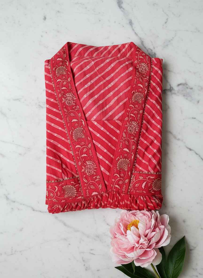 Pinkish Peach Floral Lehariya Handblock Anarkali Dress – Cotton Ethnic Wear for Women