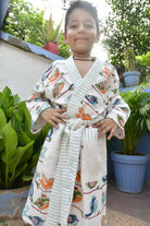 Kids HandBlock Premium Waffle Cotton Bathrobe Sparrow Pattern