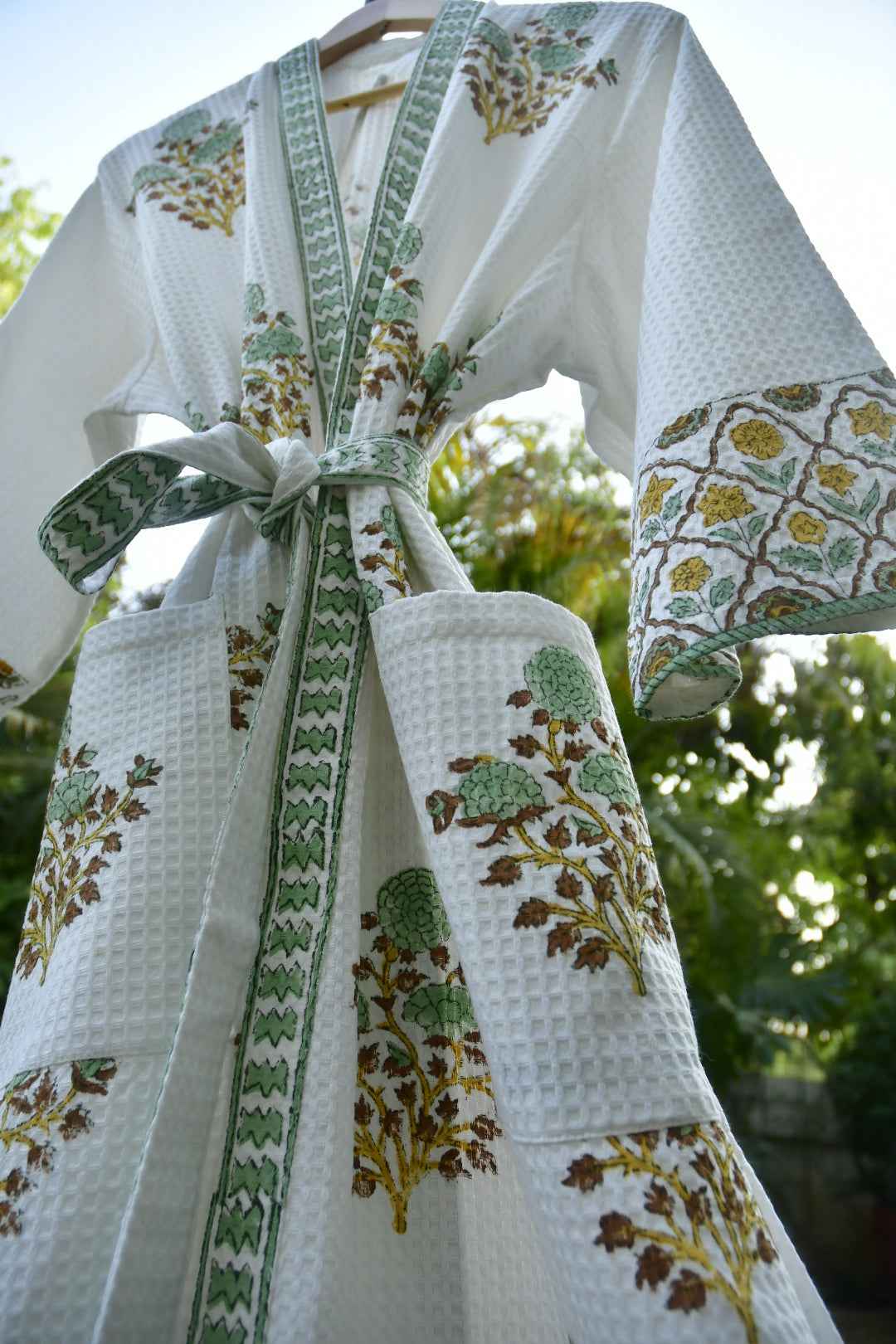 Soft Green Jaal Buta Handblock  waffle Cotton Bathrobe