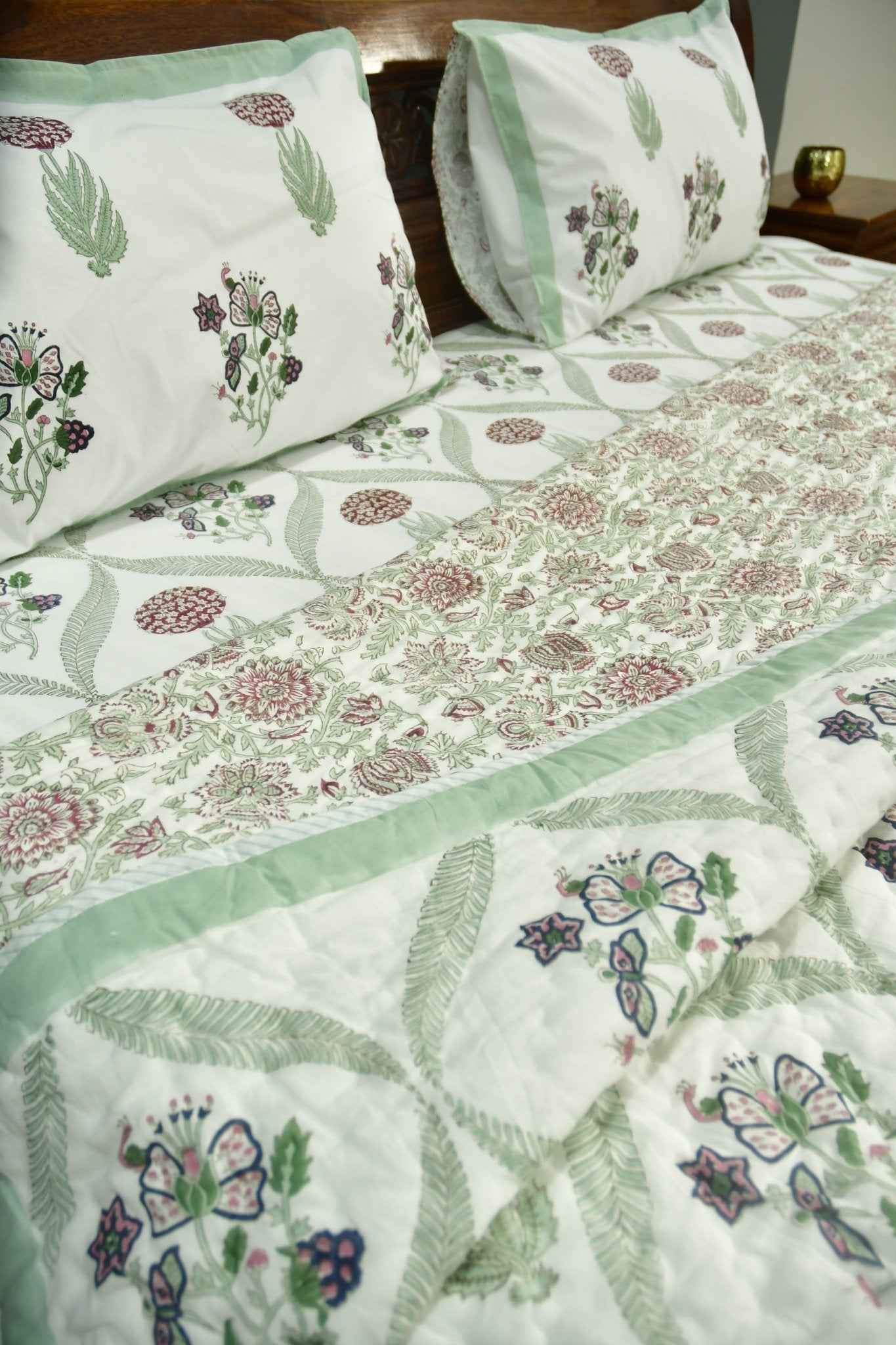 Butterfly and floral jaal mul mul Handblock Quilt