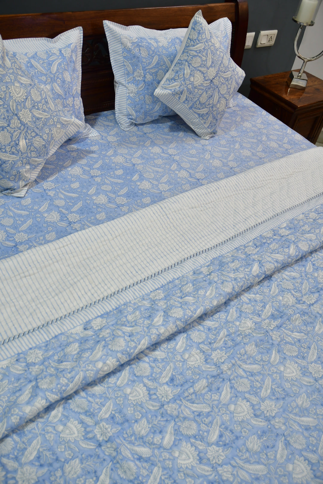 Blue Grey Poppy Handblock Cotton Bedding Set | Soft & Elegant Design