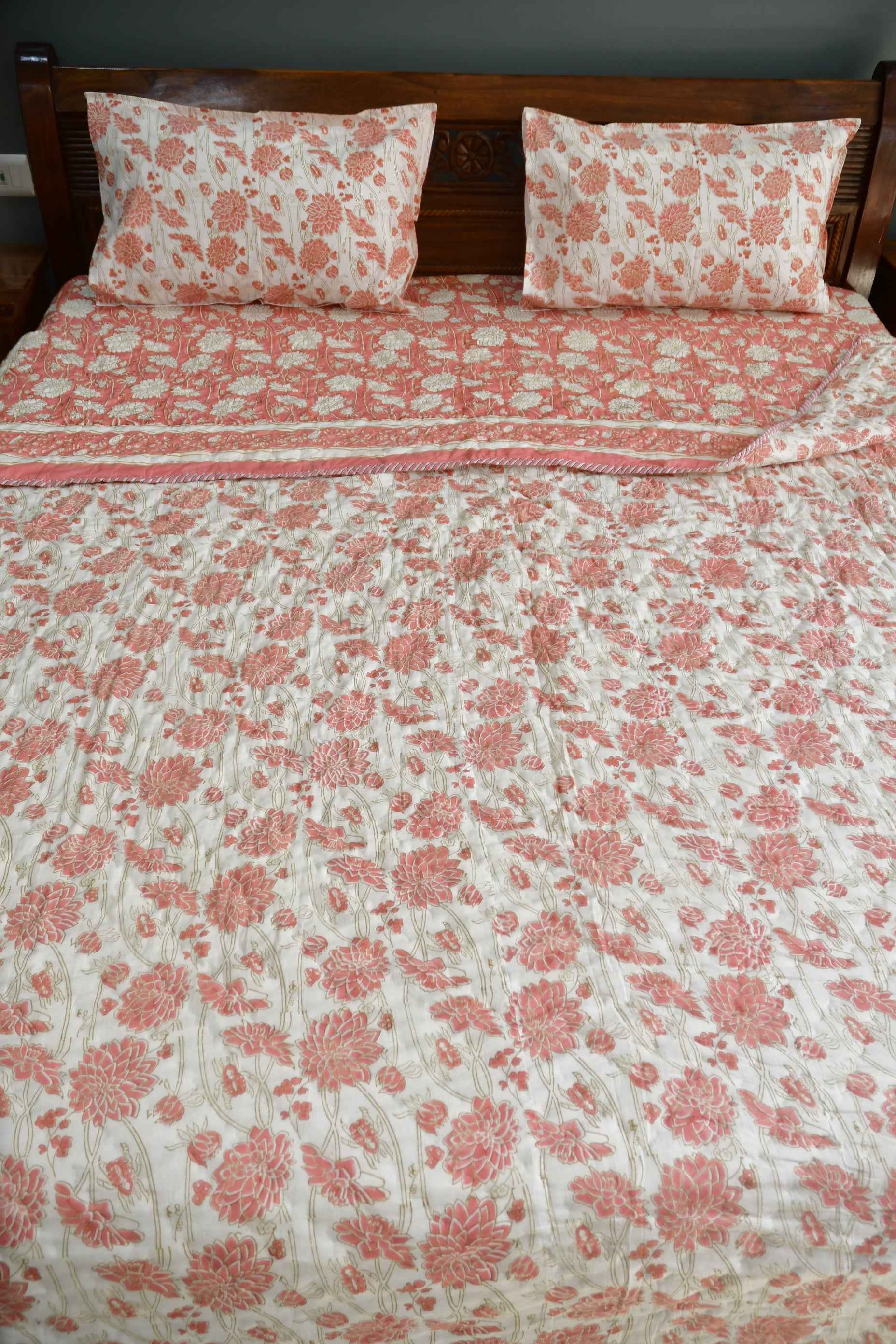 Pink Floral Bedding Set, Hand Block Print, Premium Cotton