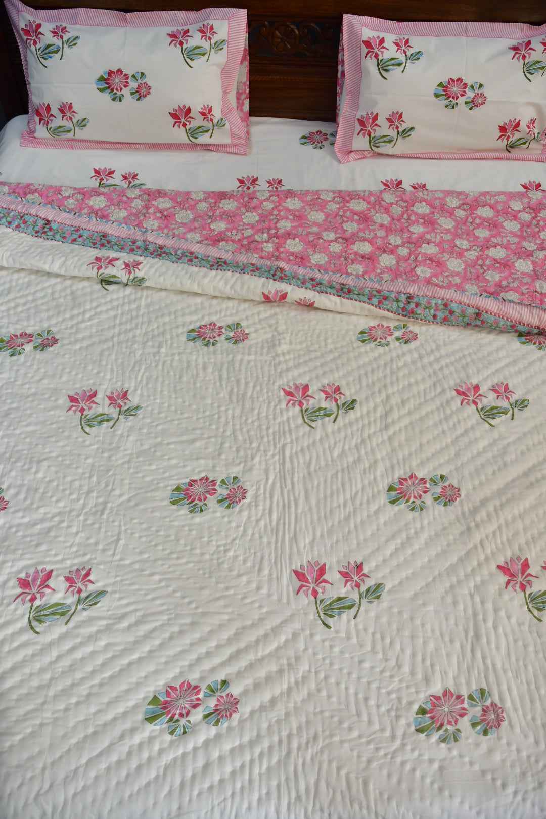 Pink Lotus Handblock Cotton Bedding Set