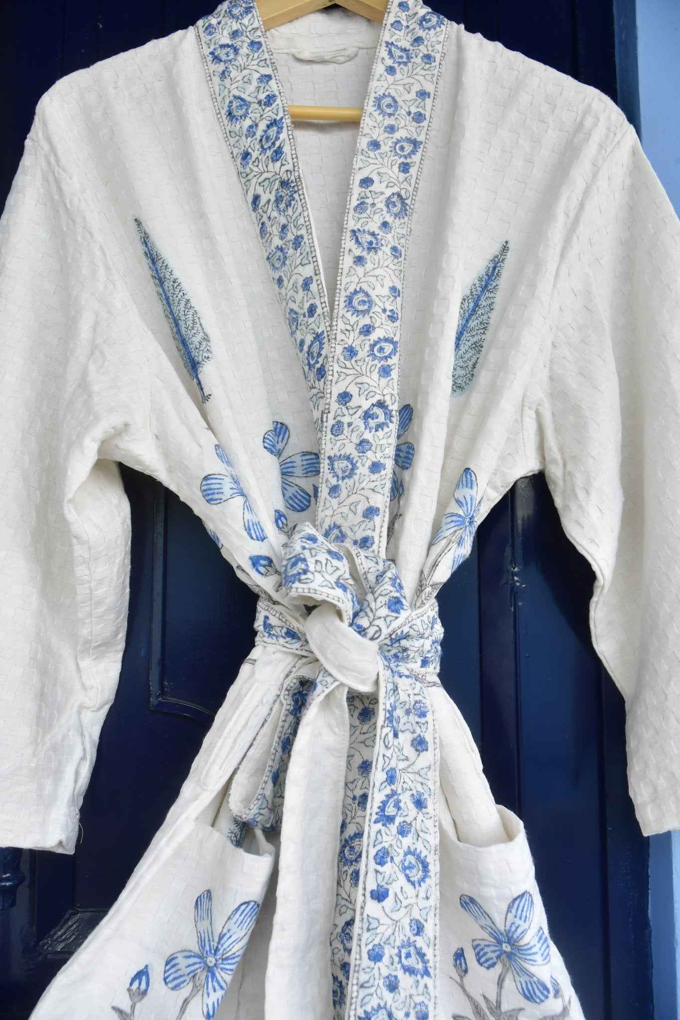 Blue Floral and Cypress Waffle Cotton Bathrobe