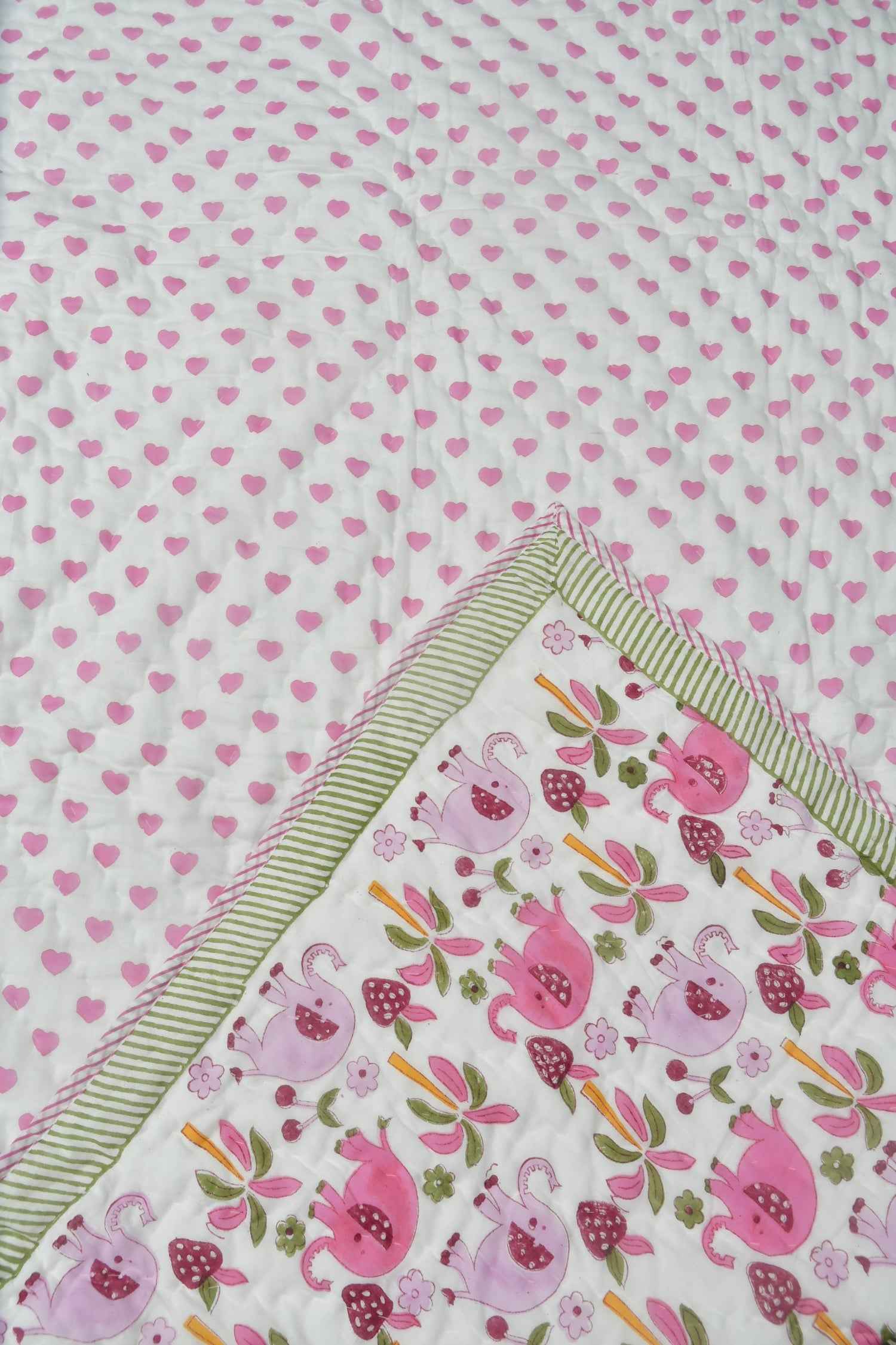 Pink Elephant Reversible Baby Handblock Quilt