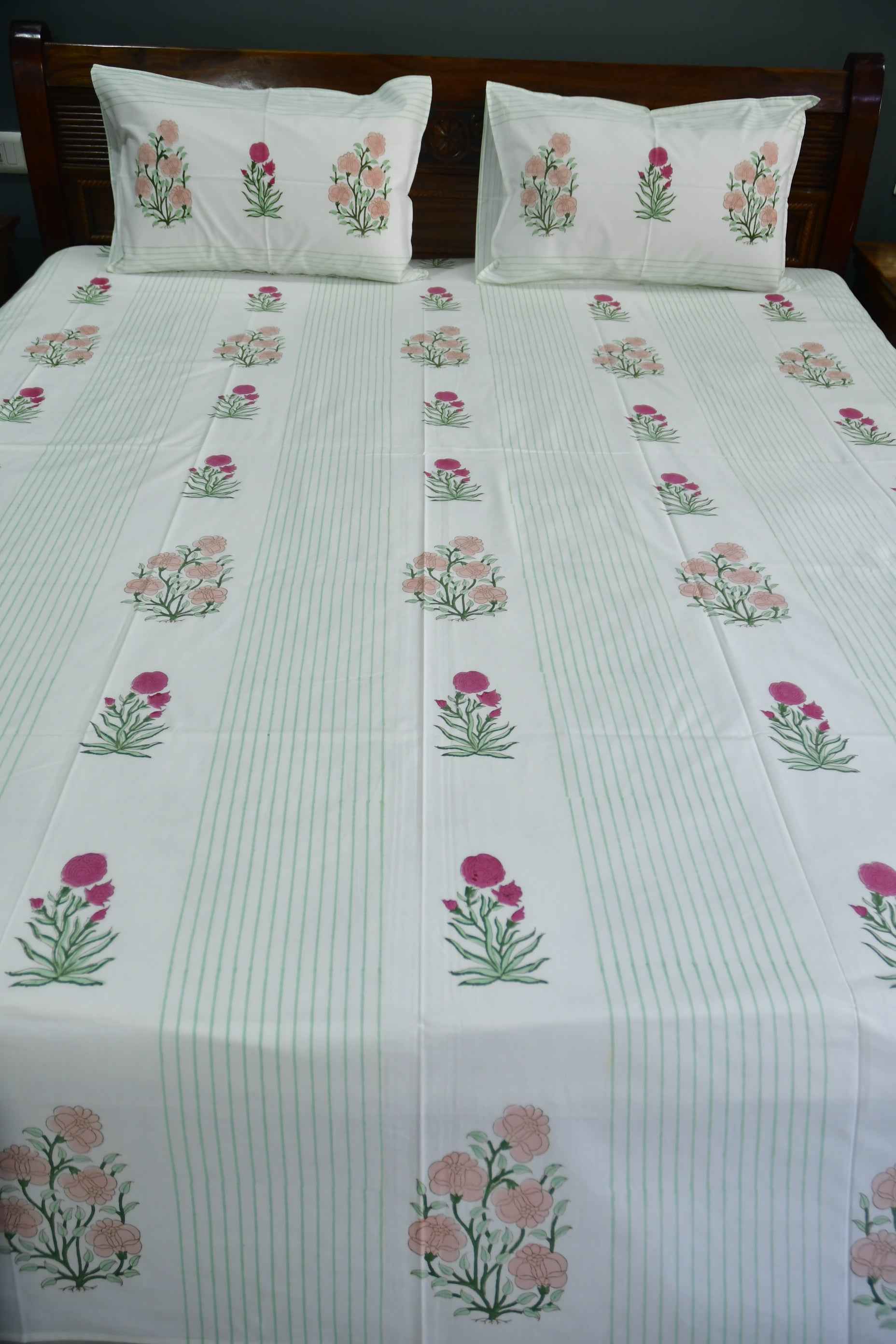 Peach and Pink Floral premium HandBlock Bedsheet