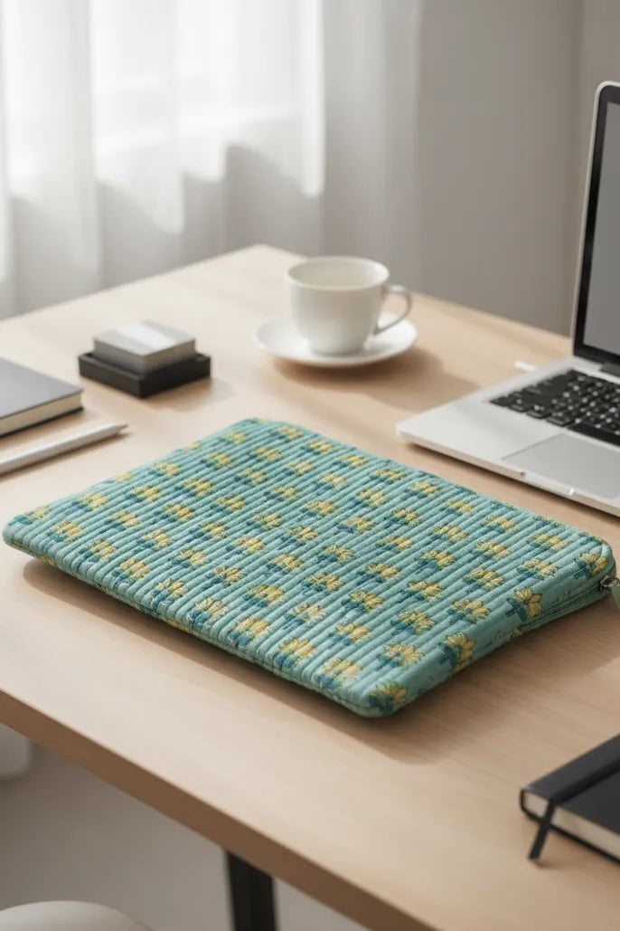 Teal laptop cover & sleeve with yellow patterns on a wooden desk with a laptop and cup.