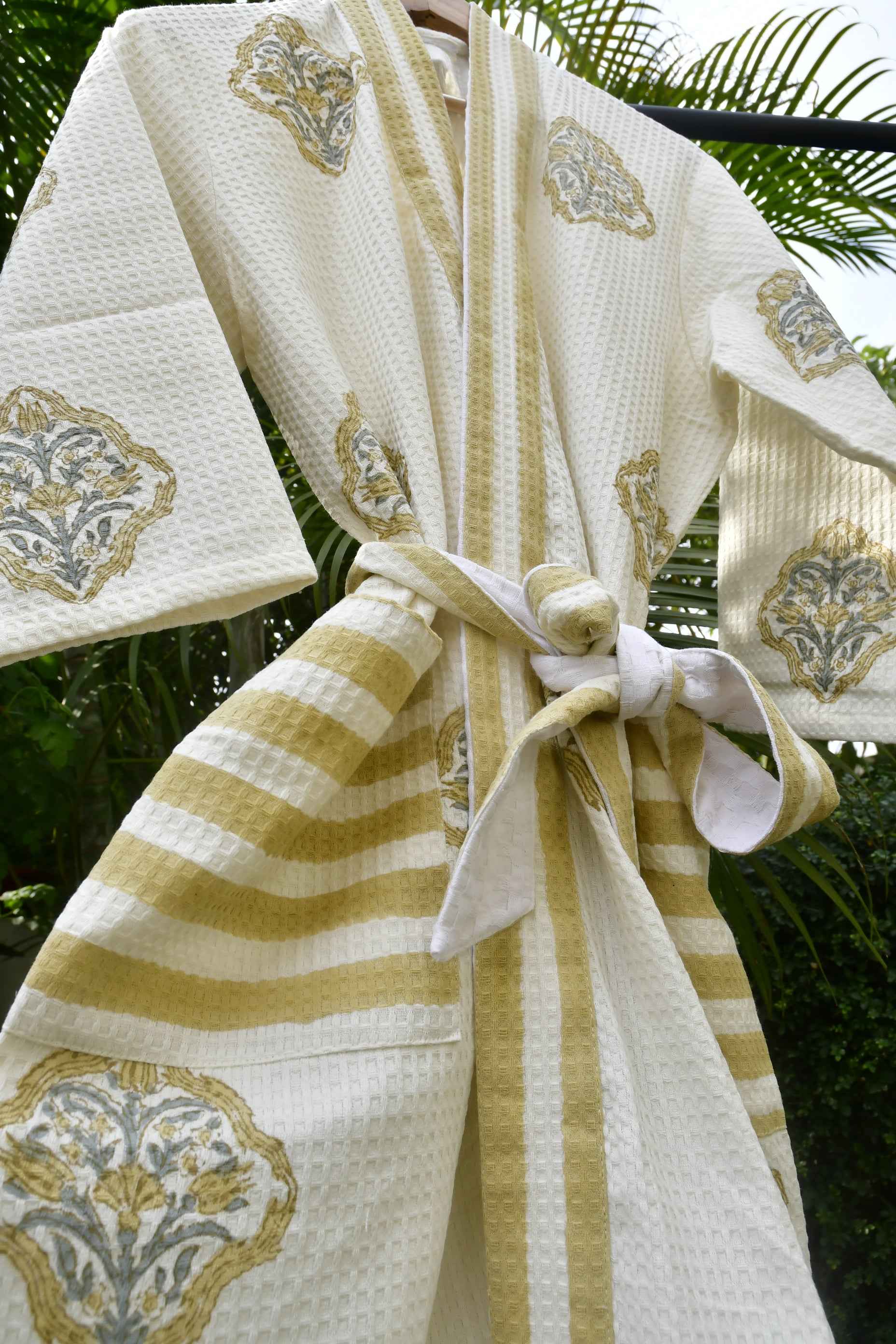 Royal Mustard stripe waffle cotton Bathrobe – Fabamber Pvt. Ltd