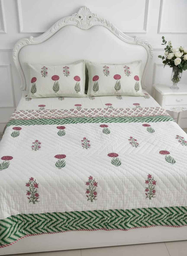 Cotton Quilt Hand Block Bedding Set – Serene Green & Pink