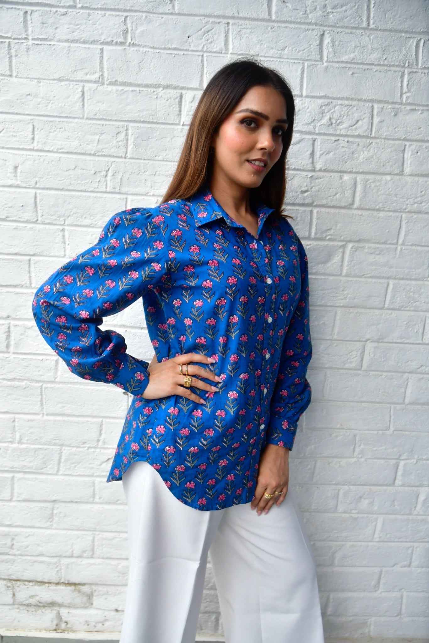 Pink Buti On Water Blue Cotton Shirt