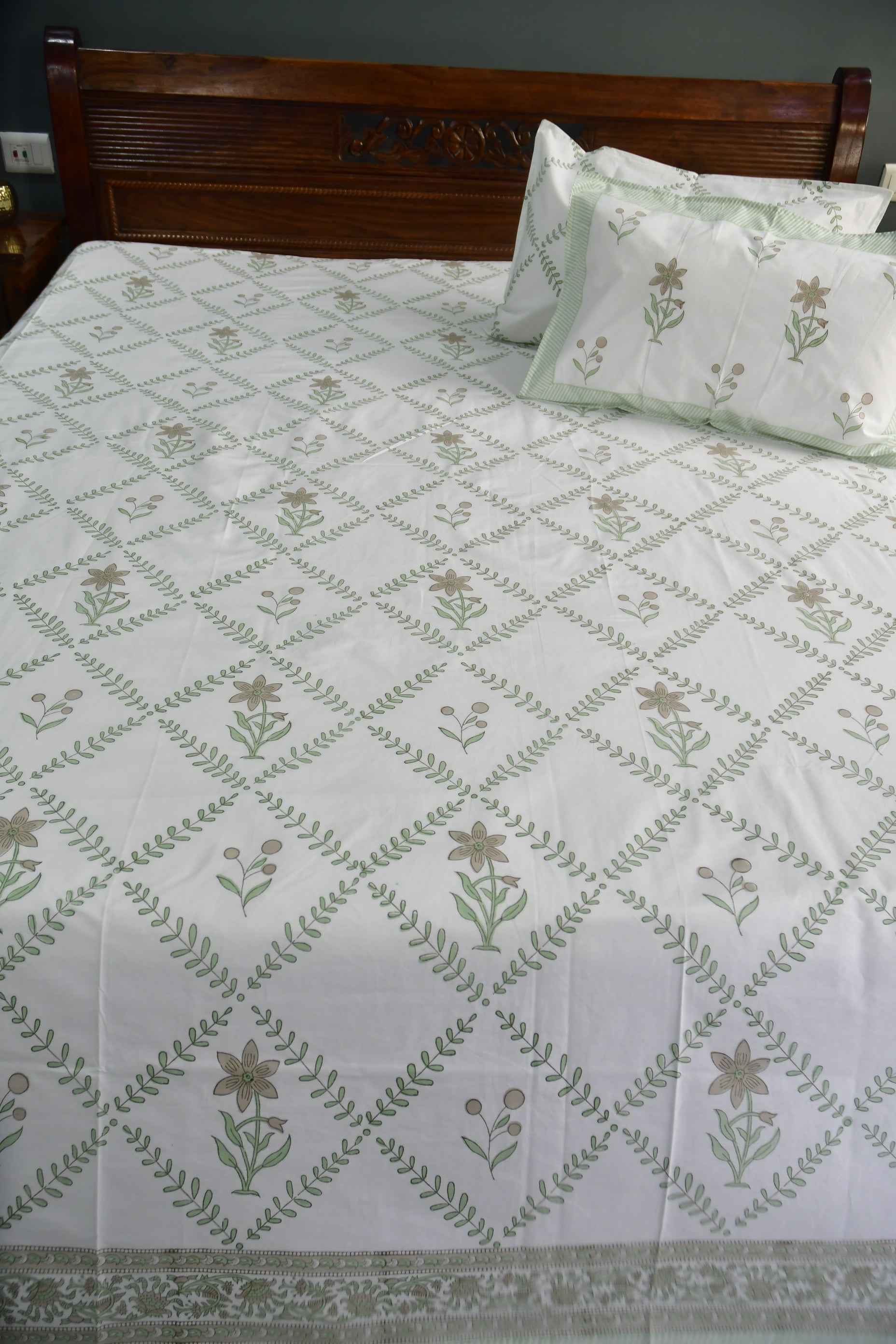 Green Jaal Hand Block Cotton Jaipuri Bedsheet