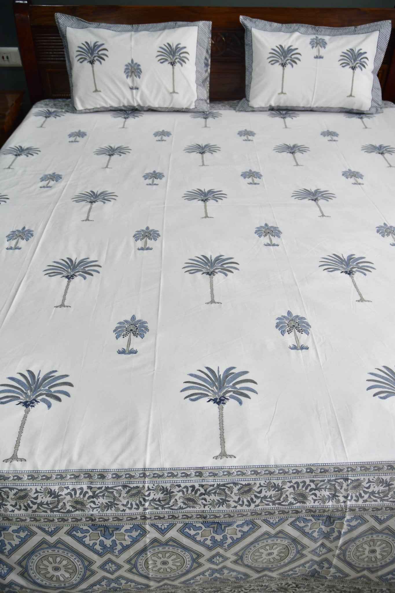 Blue Palm Tree Premium  HandBlock  Bedsheet