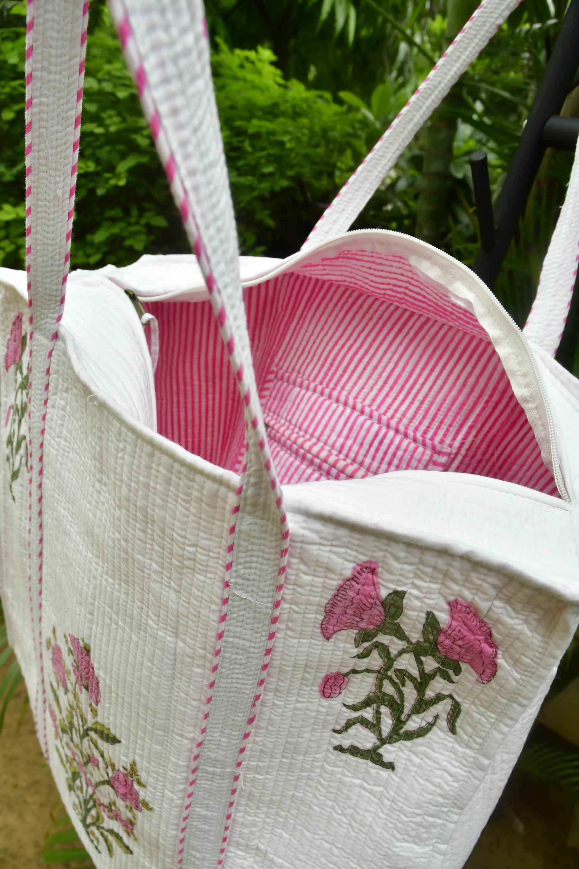 Pink Buta Zipper Tote Bag: Hand-Blocked Beauty