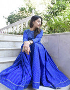 Royal Blue Lehariya Anarkali Handblock : Traditional