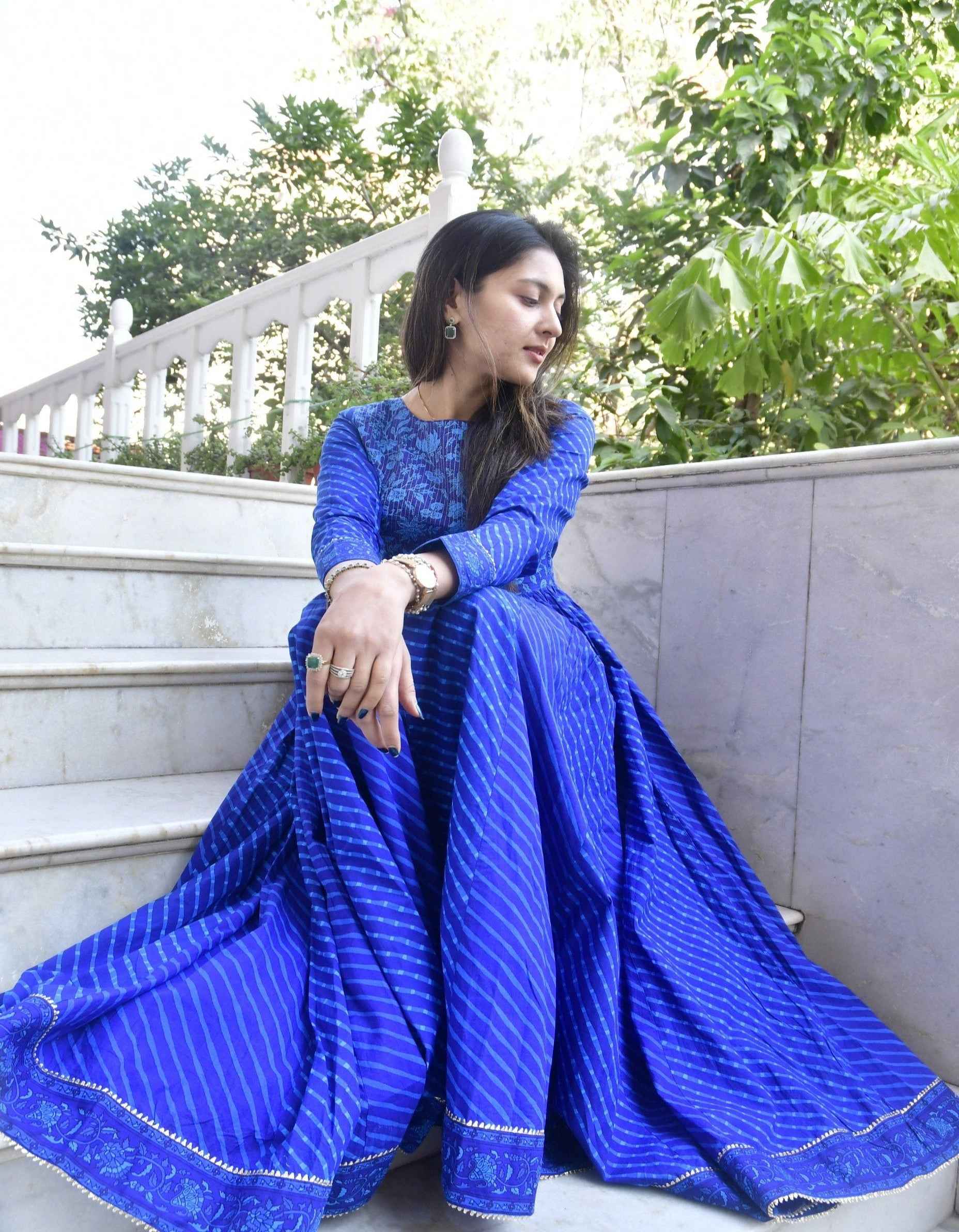 Royal Blue Lehariya Anarkali Handblock : Traditional