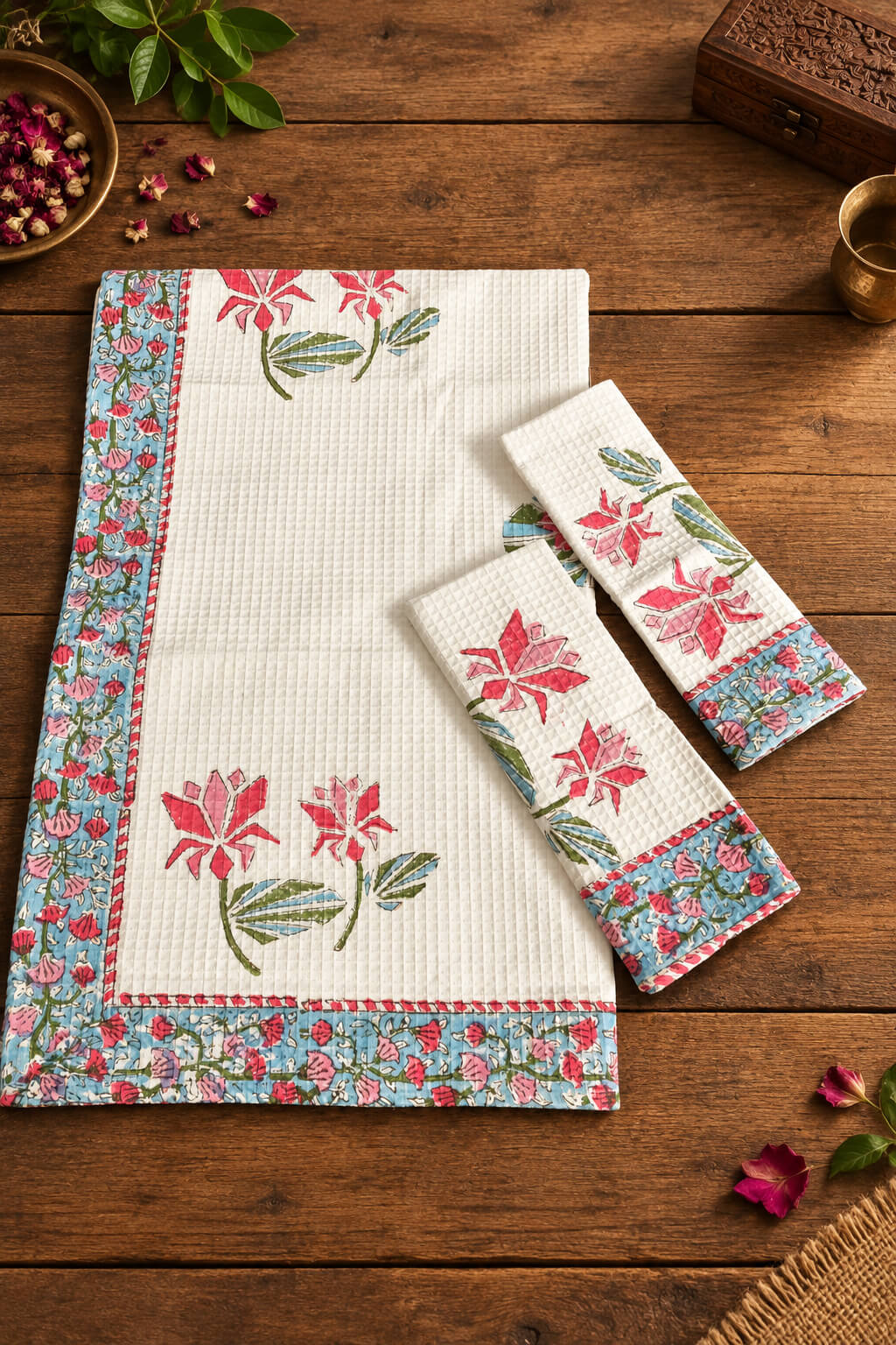 A white waffle-weave cotton towel set with a floral print border and matching floral motifs, arranged on a rustic wooden surface with decorative props.